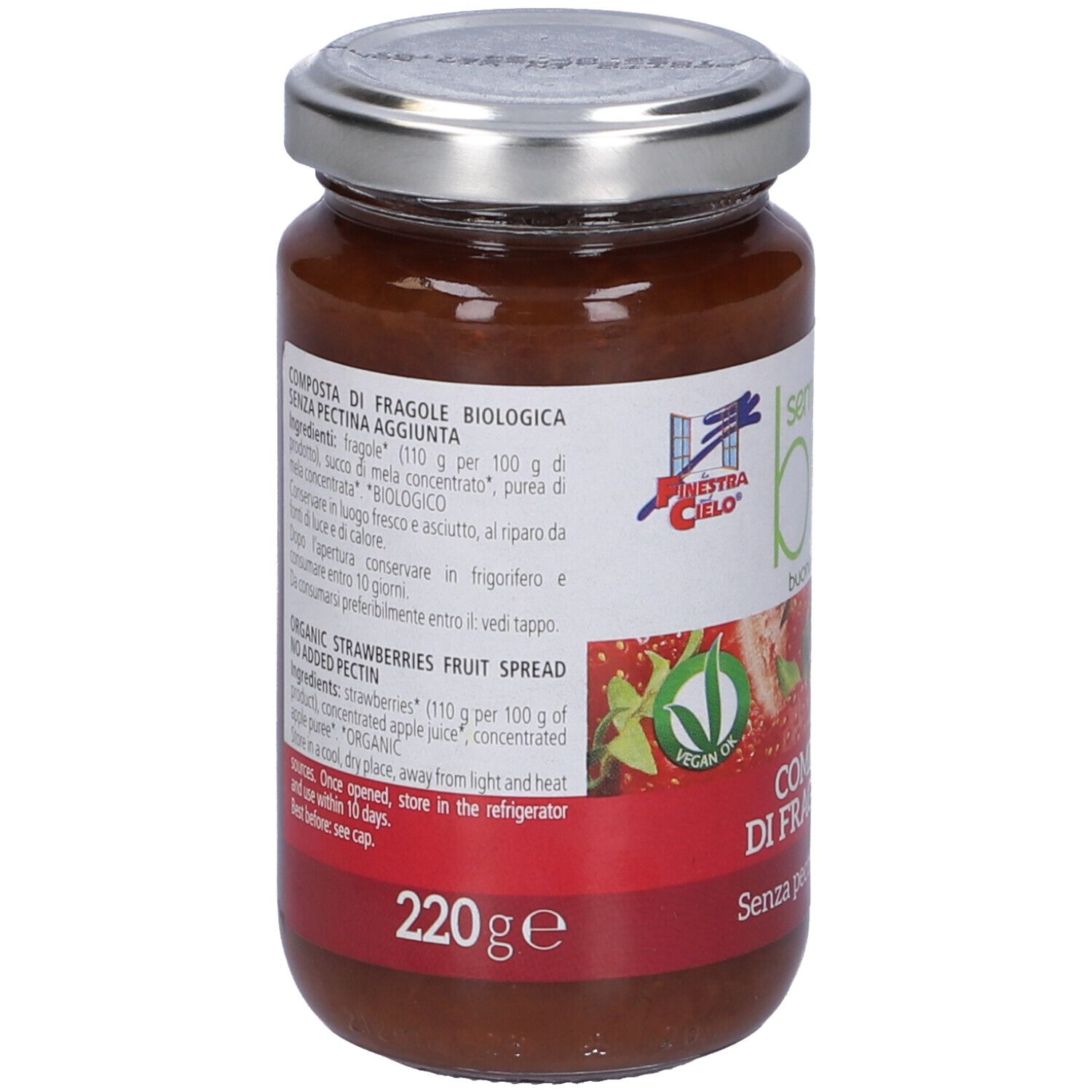 Vasetto di composta di fragole. Etichetta con testo e logo. Coperchio argentato. 220g.