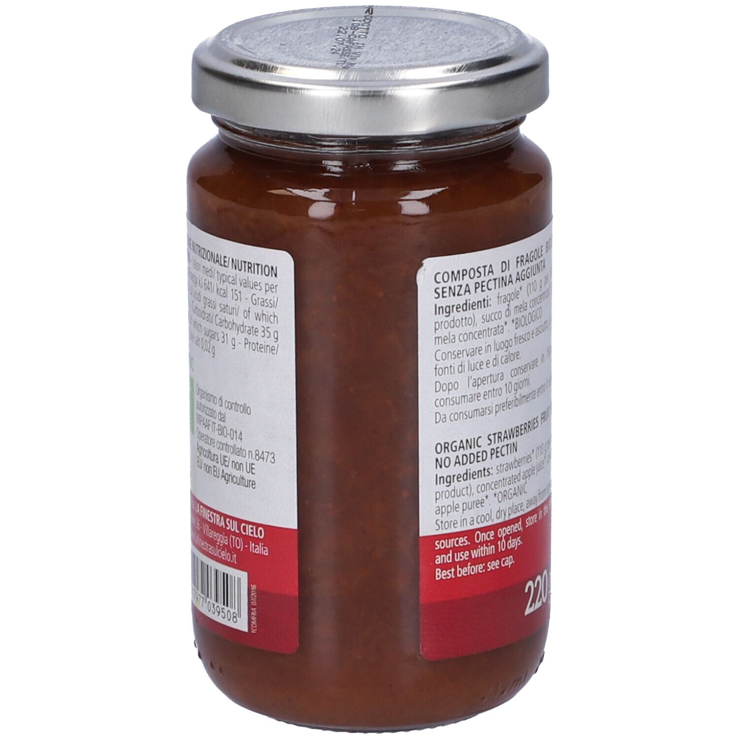 Vasetto di composta di fragole. Etichetta con testo e logo. Coperchio argentato. 220g.