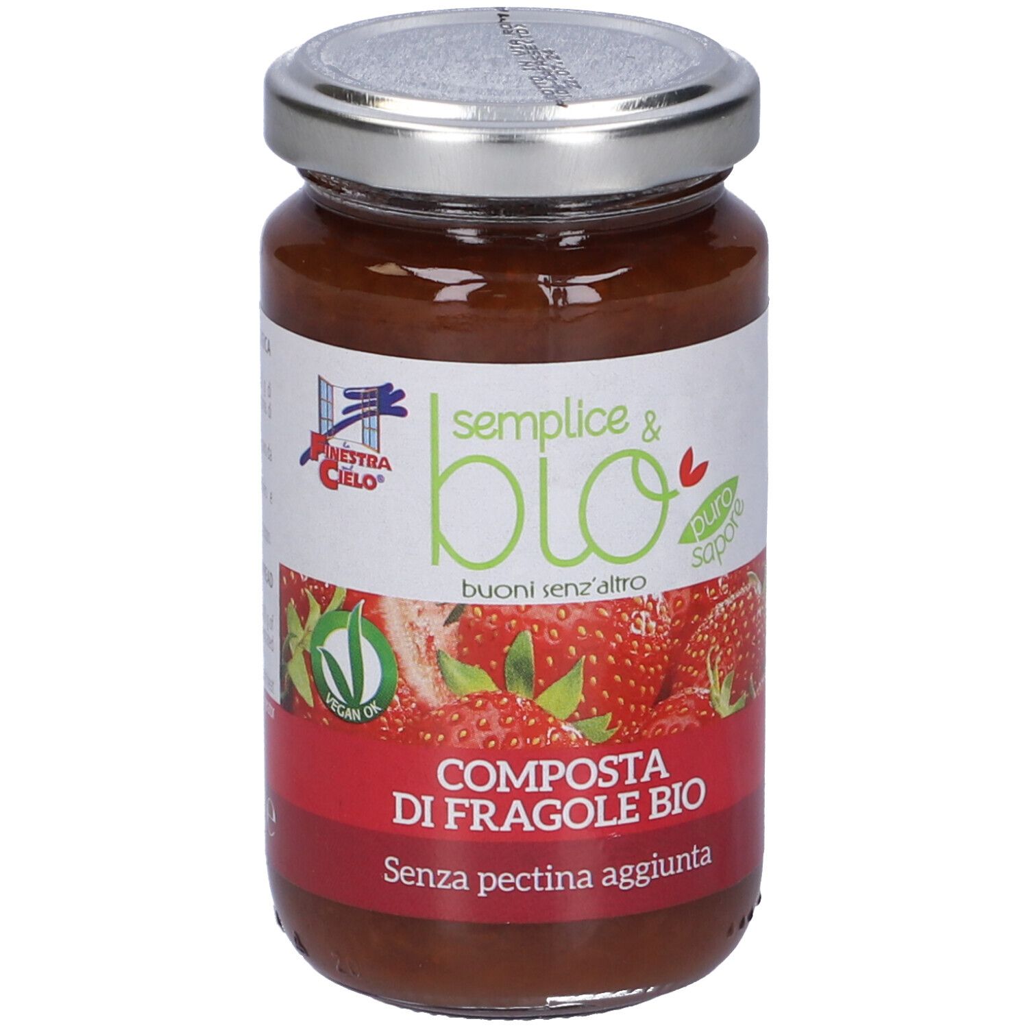 Vasetto di composta di fragole. Etichetta con testo e logo. Coperchio argentato.