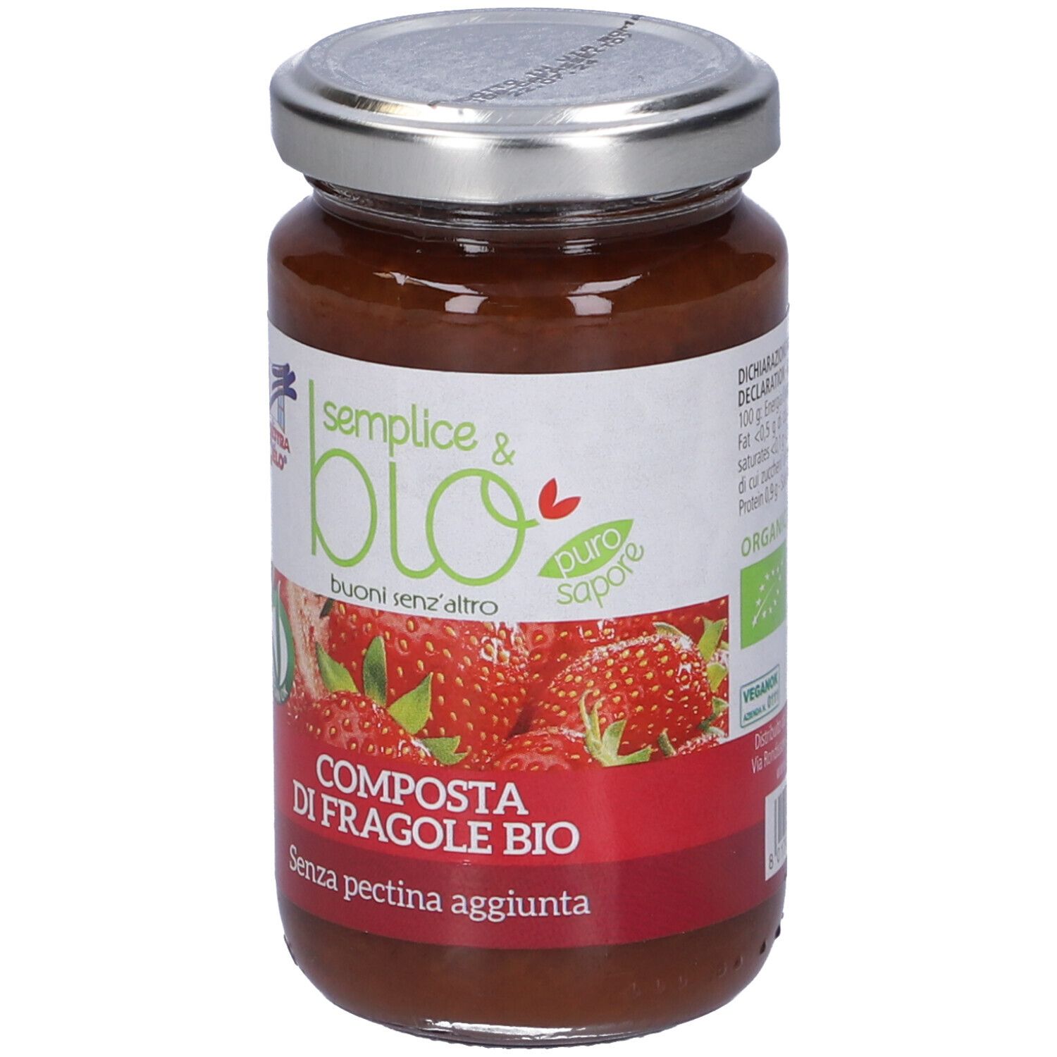 Vasetto di composta di fragole. Etichetta con testo e logo. Coperchio argentato.