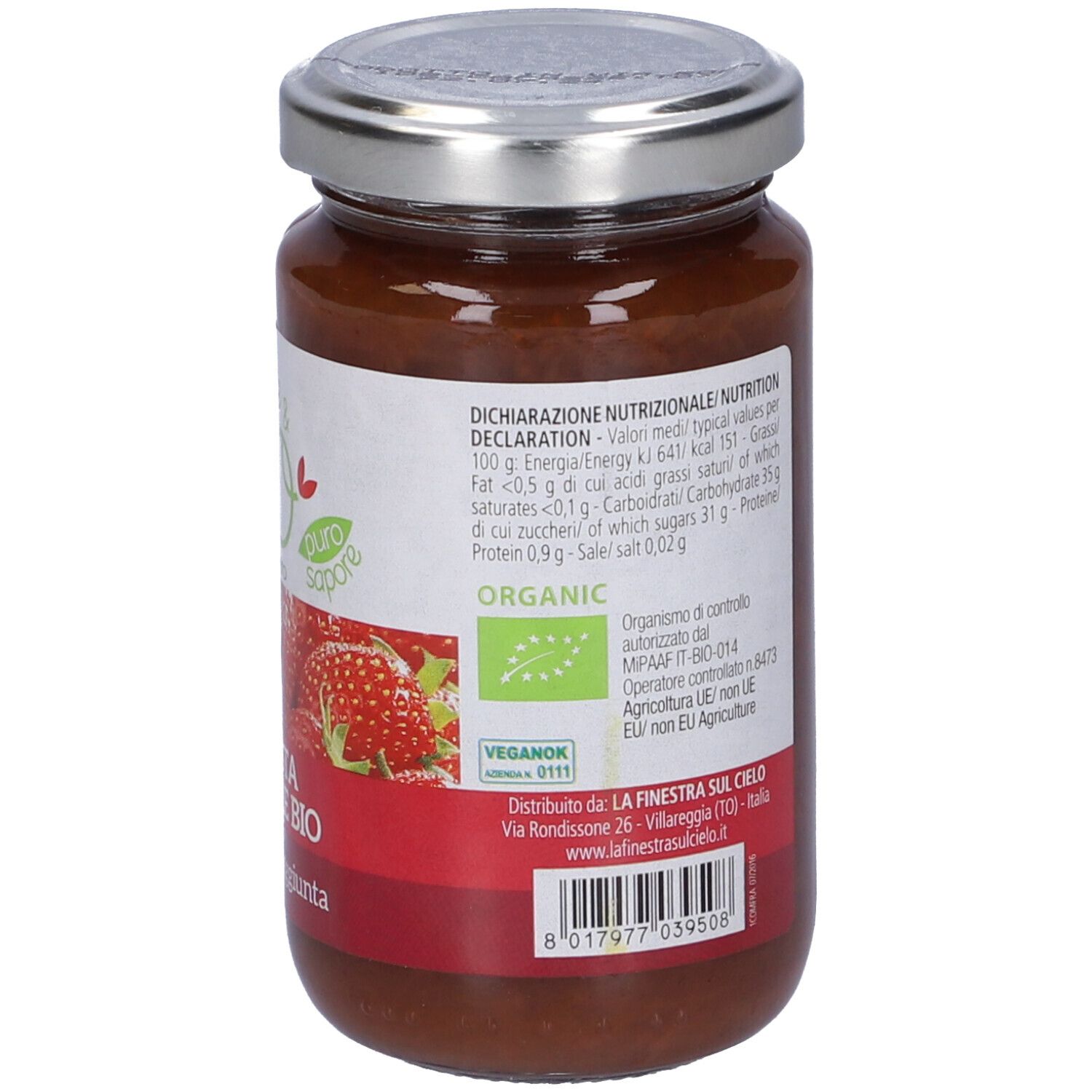 Vasetto di composta di fragole. Etichetta con testo e logo. Coperchio argentato. Logo vegano.