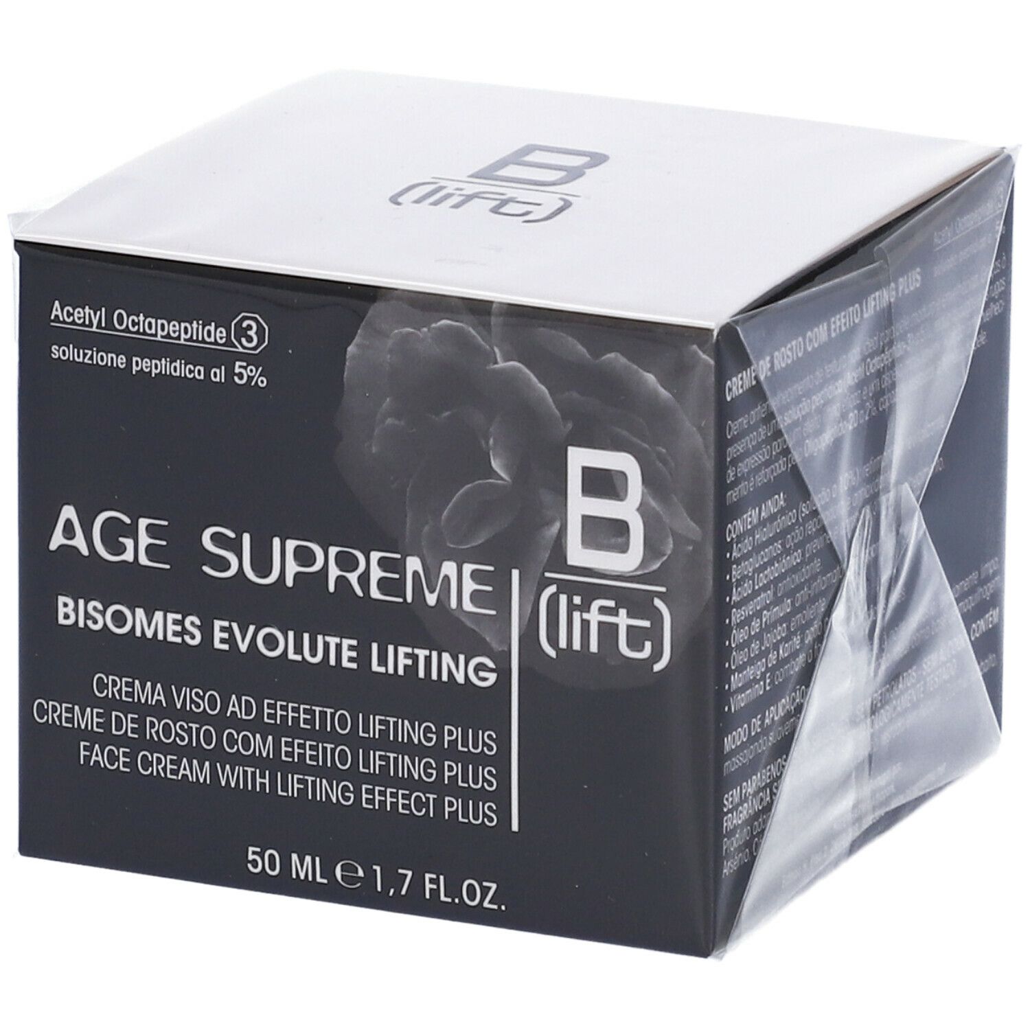 Scatola "B (lift)" con nome del prodotto. Contiene "Age Supreme Bisomes Evolute Lifting". 50 ml.
