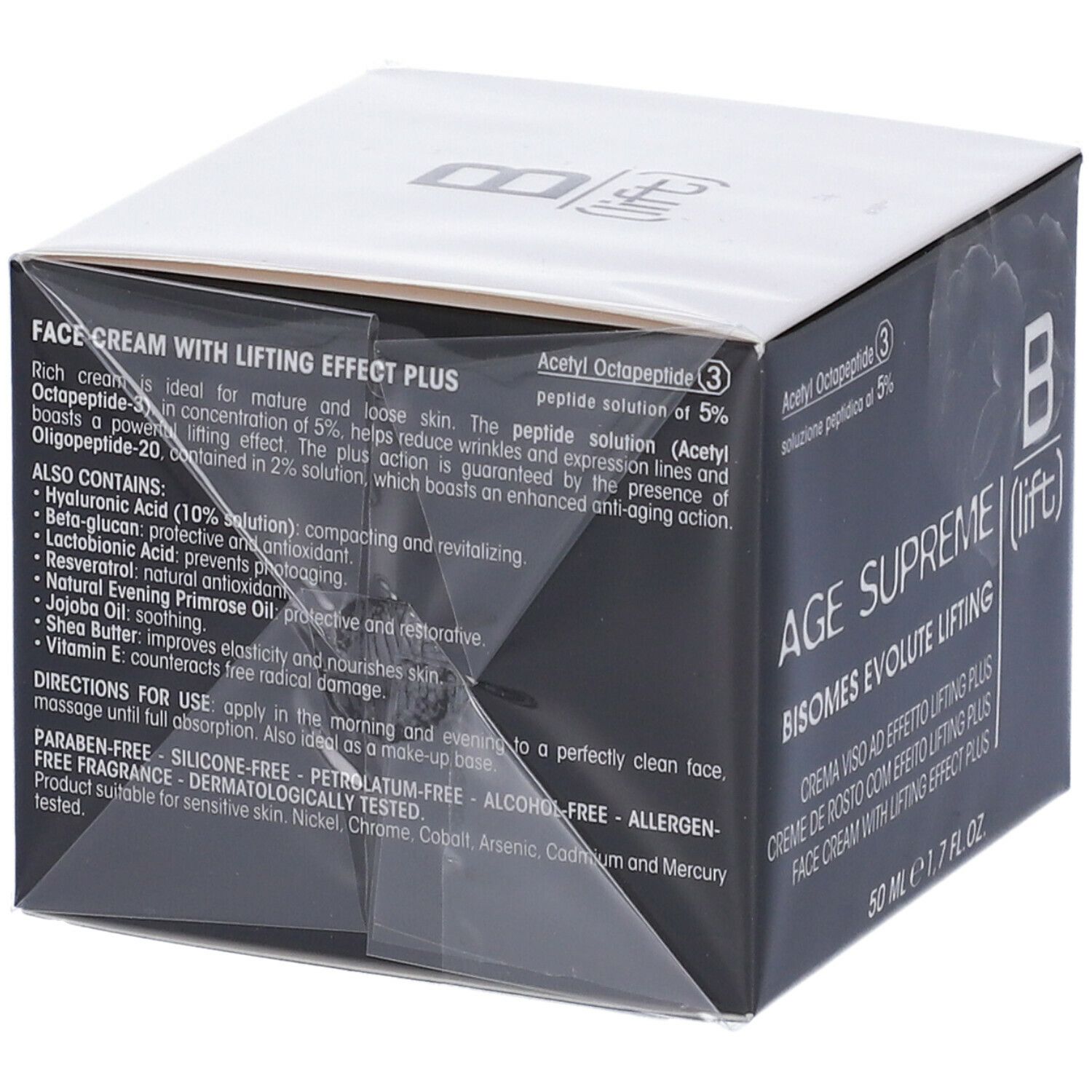 Scatola "B (lift)" con testo. Contiene ingredienti e istruzioni. "Age Supreme Bisomes Evolute Lifting".
