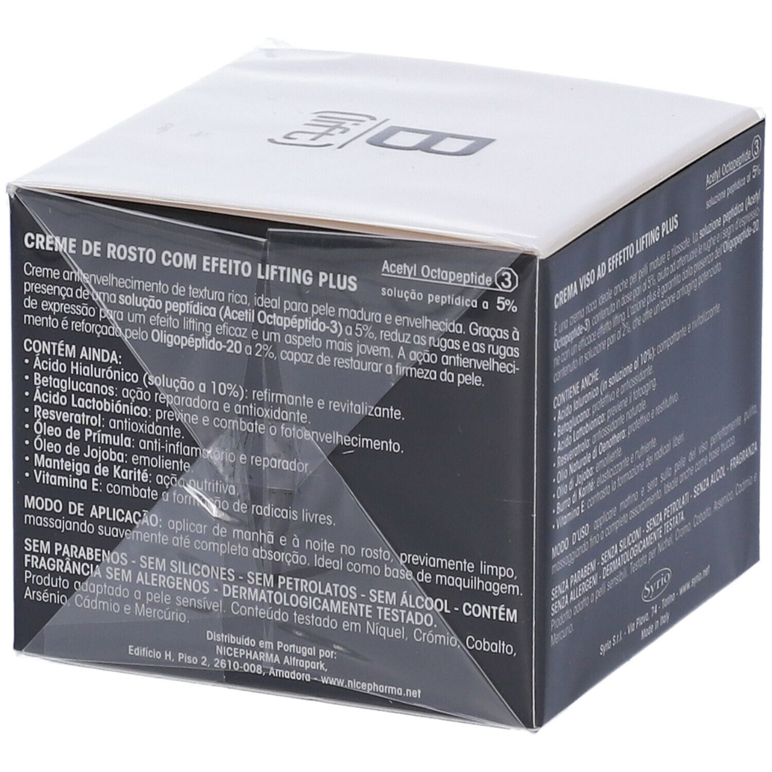 Scatola "B (lift)" con testo. Contiene ingredienti e istruzioni. "Age Supreme Bisomes Evolute Lifting".