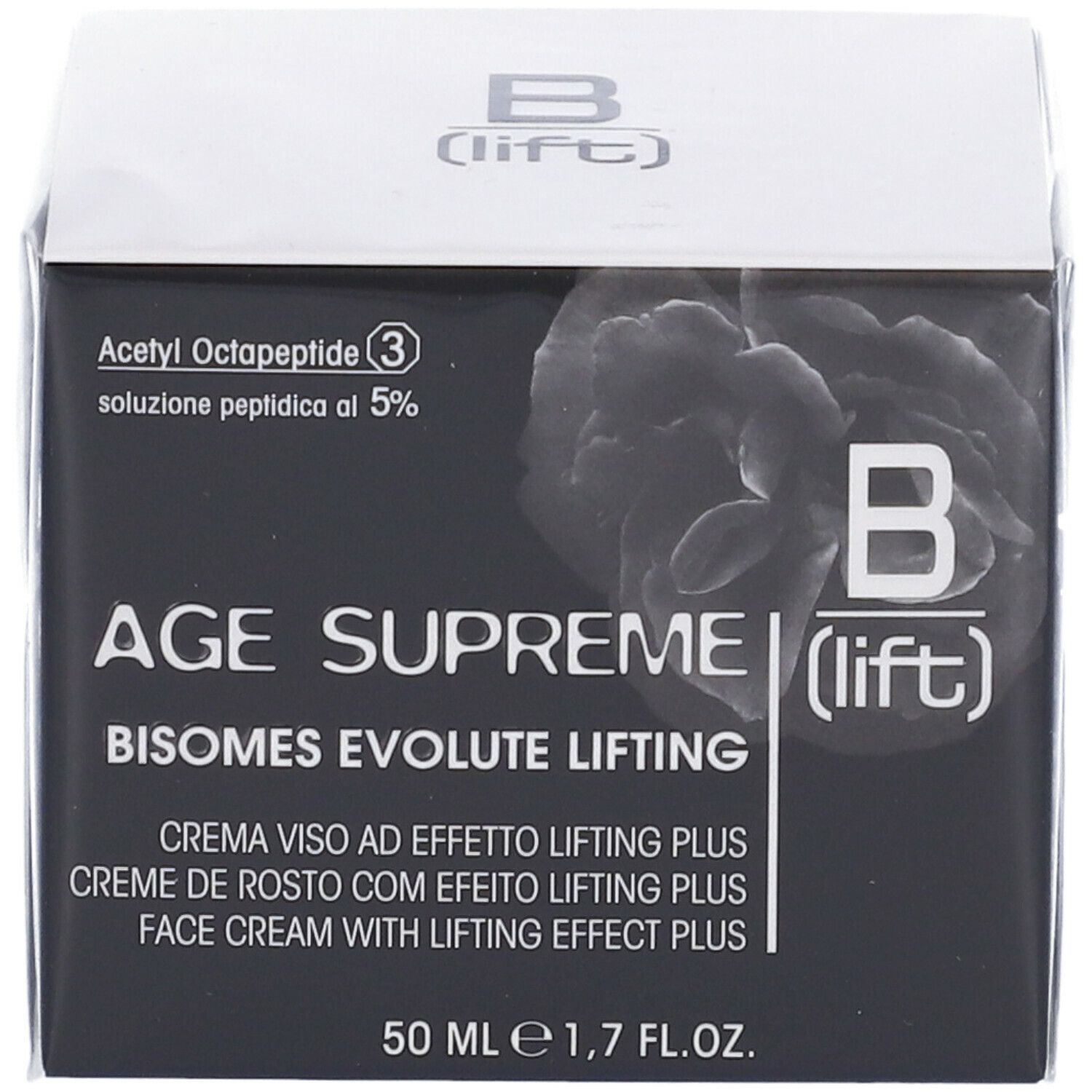 Scatola "B (lift)" con nome del prodotto. Contiene "Age Supreme Bisomes Evolute Lifting". 50 ml.