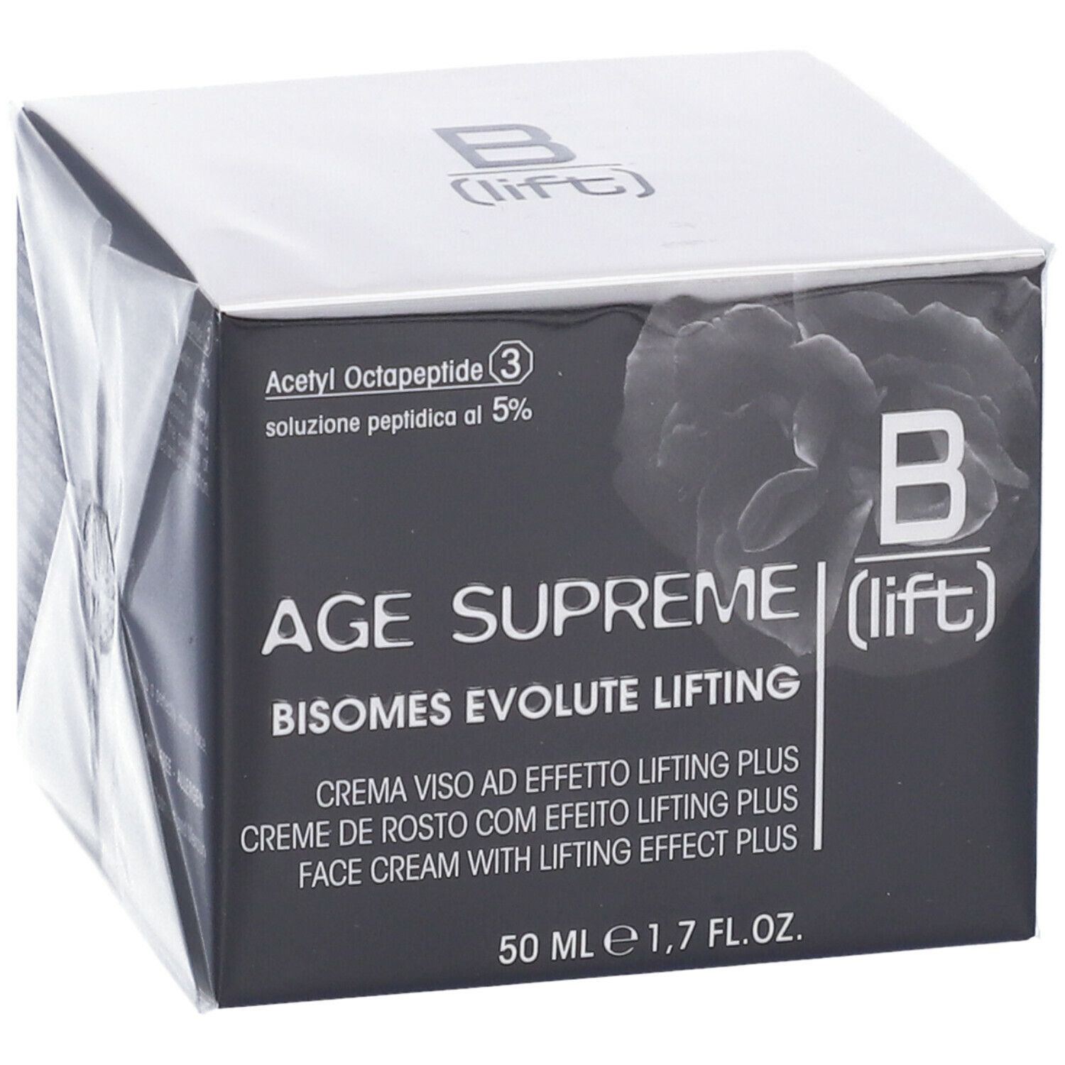 Scatola "B (lift)" con nome del prodotto. Contiene "Age Supreme Bisomes Evolute Lifting". 50 ml.