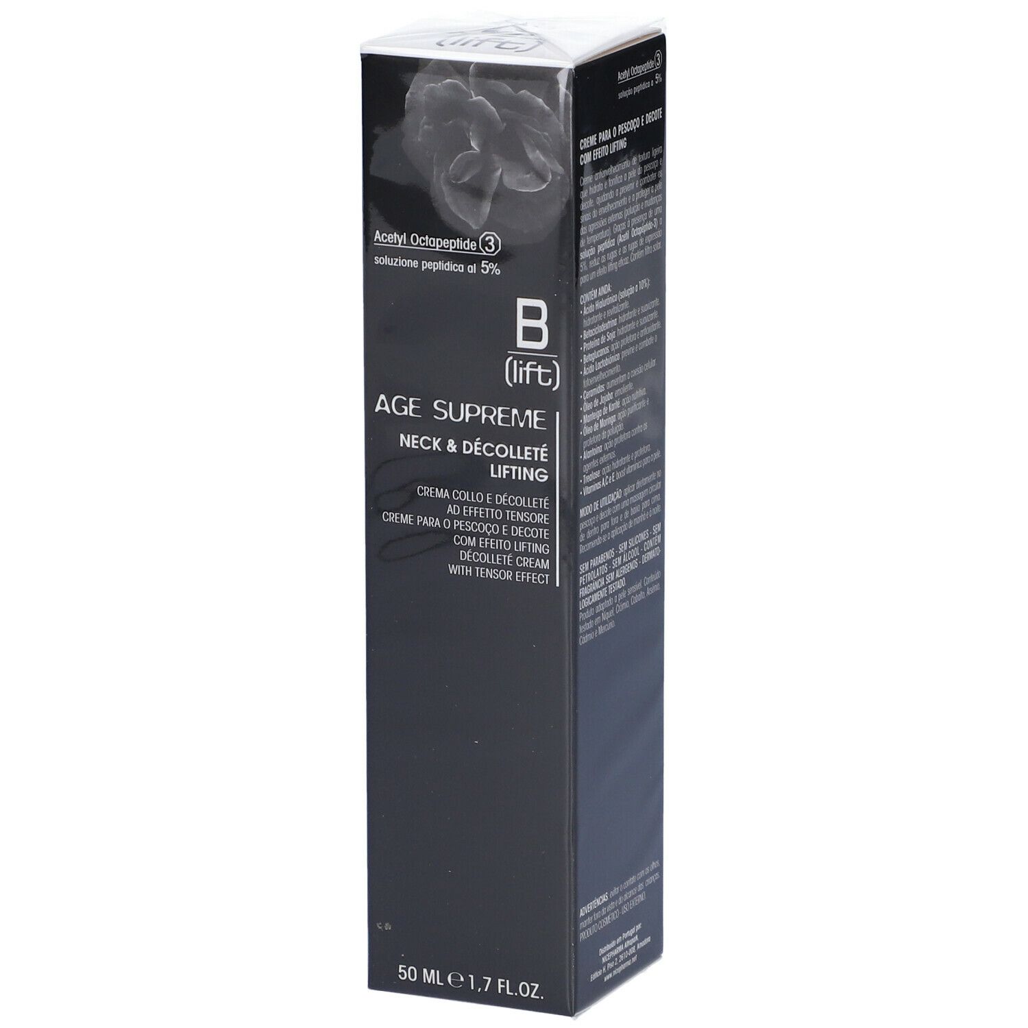 Confezione nera con informazioni sul prodotto. Testo: B (lift) AGE SUPREME NECK & DÉCOLLETÉ LIFTING. 50 ml, 1,7 FL.OZ.