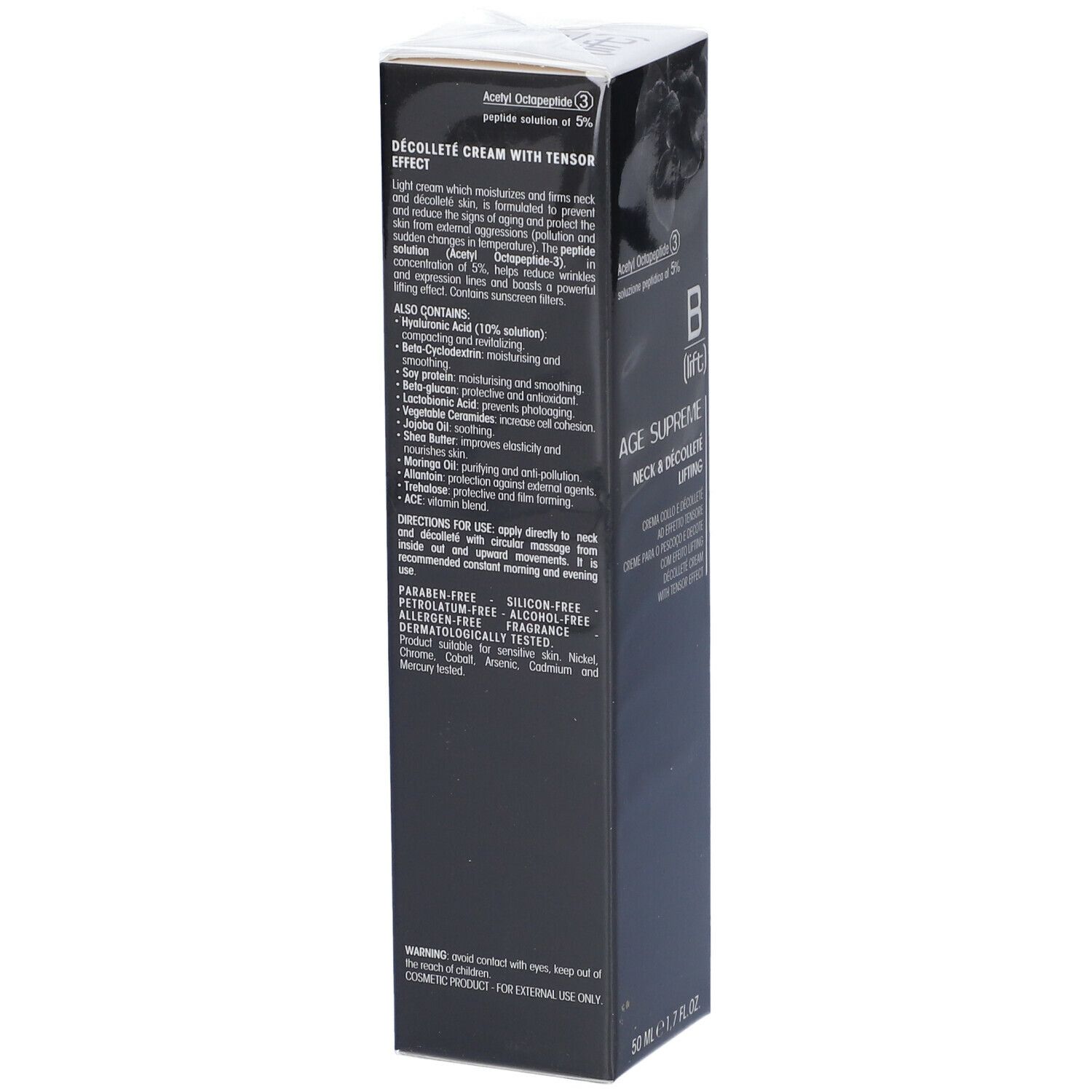 Confezione nera con testo. Contiene informazioni sugli ingredienti e l'uso. Testo: DÉCOLLETÉ CREAM WITH TENSOR EFFECT.