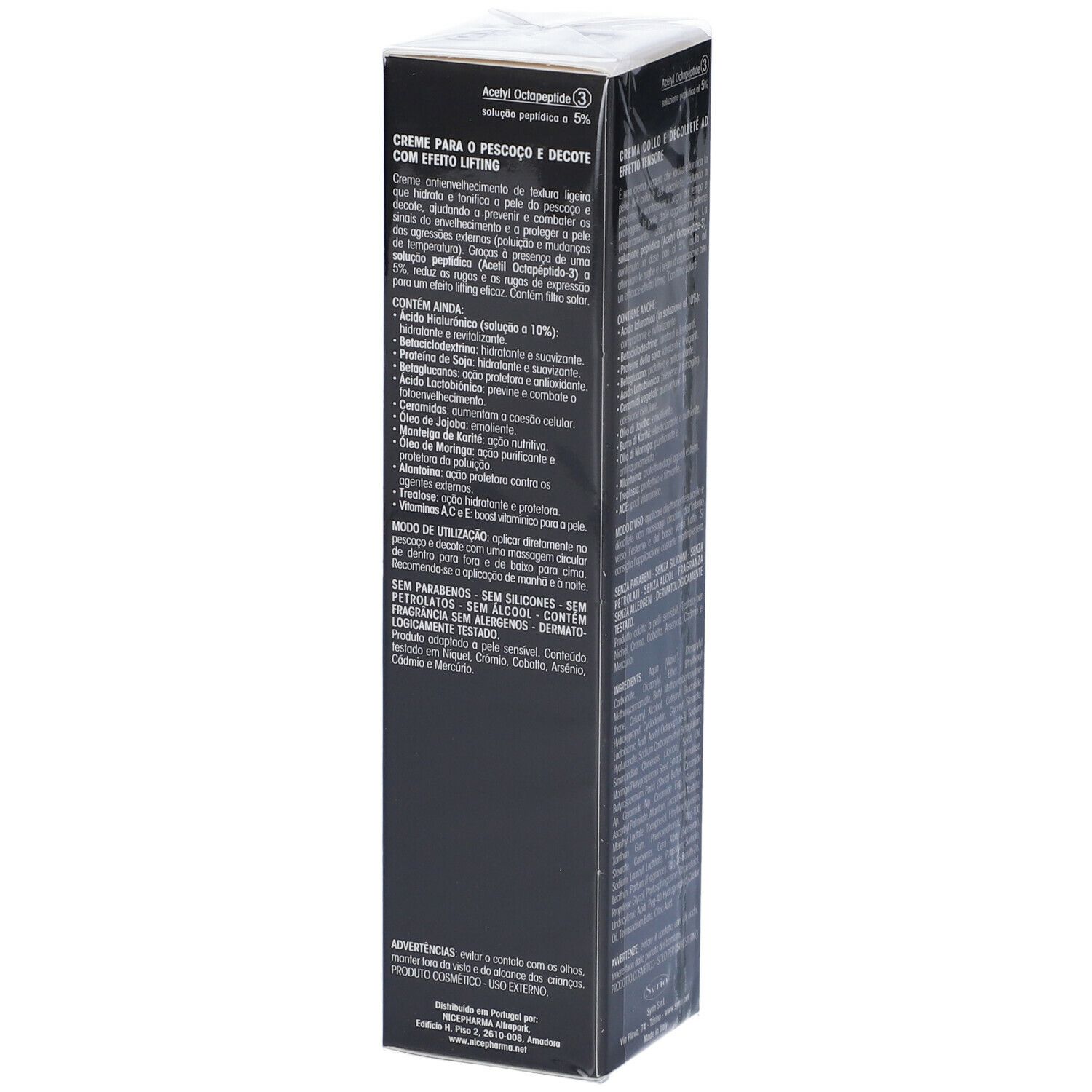 Confezione nera con testo. Contiene informazioni sugli ingredienti e l'uso. Testo: CREME PARA O PESCOÇO E DECOTE COM EFEITO LIFTING.