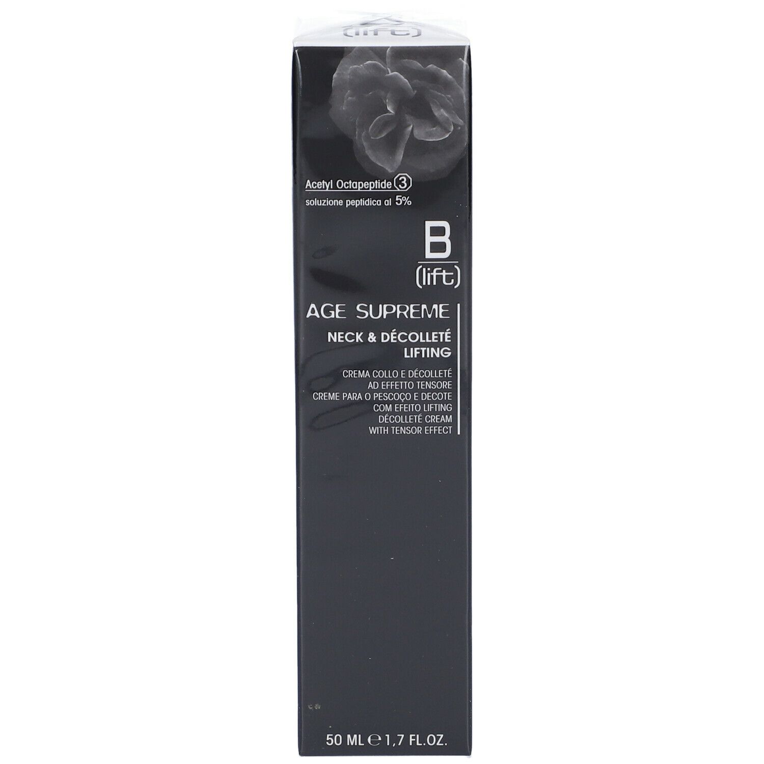 Confezione nera con informazioni sul prodotto. Testo: B (lift) AGE SUPREME NECK & DÉCOLLETÉ LIFTING. 50 ml, 1,7 FL.OZ.