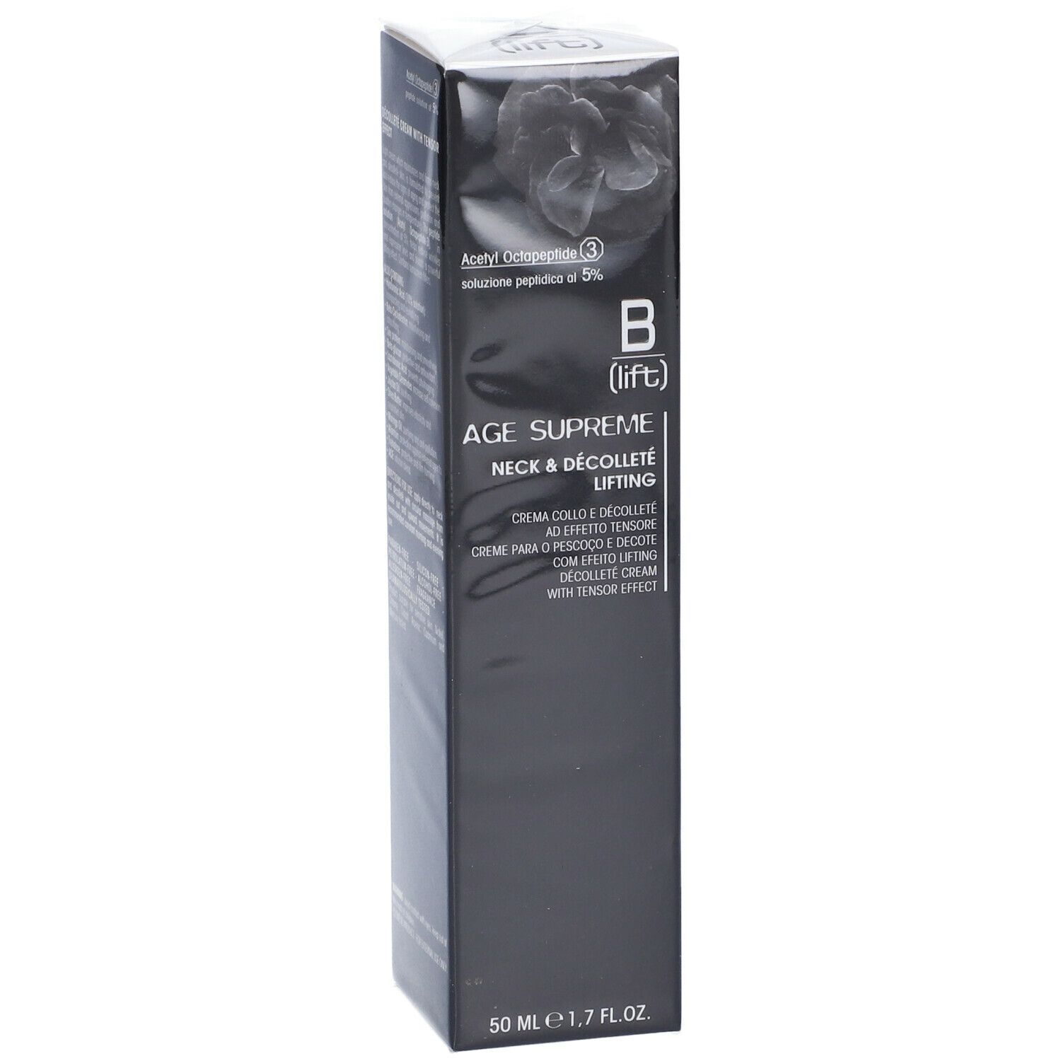Confezione nera con informazioni sul prodotto. Testo: B (lift) AGE SUPREME NECK & DÉCOLLETÉ LIFTING. 50 ml, 1,7 FL.OZ.