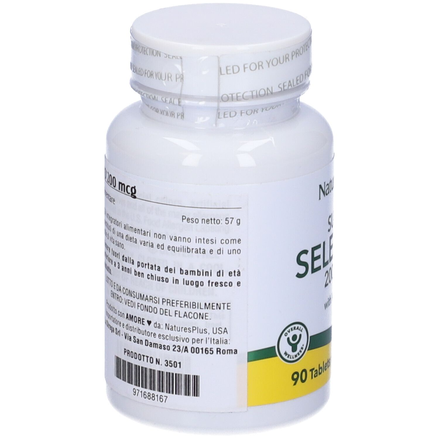 Flacone bianco con tappo bianco. Retro con testo. Scritta: Super Selenio 200 mcg, 90 compresse. Marchio: Natures Plus.