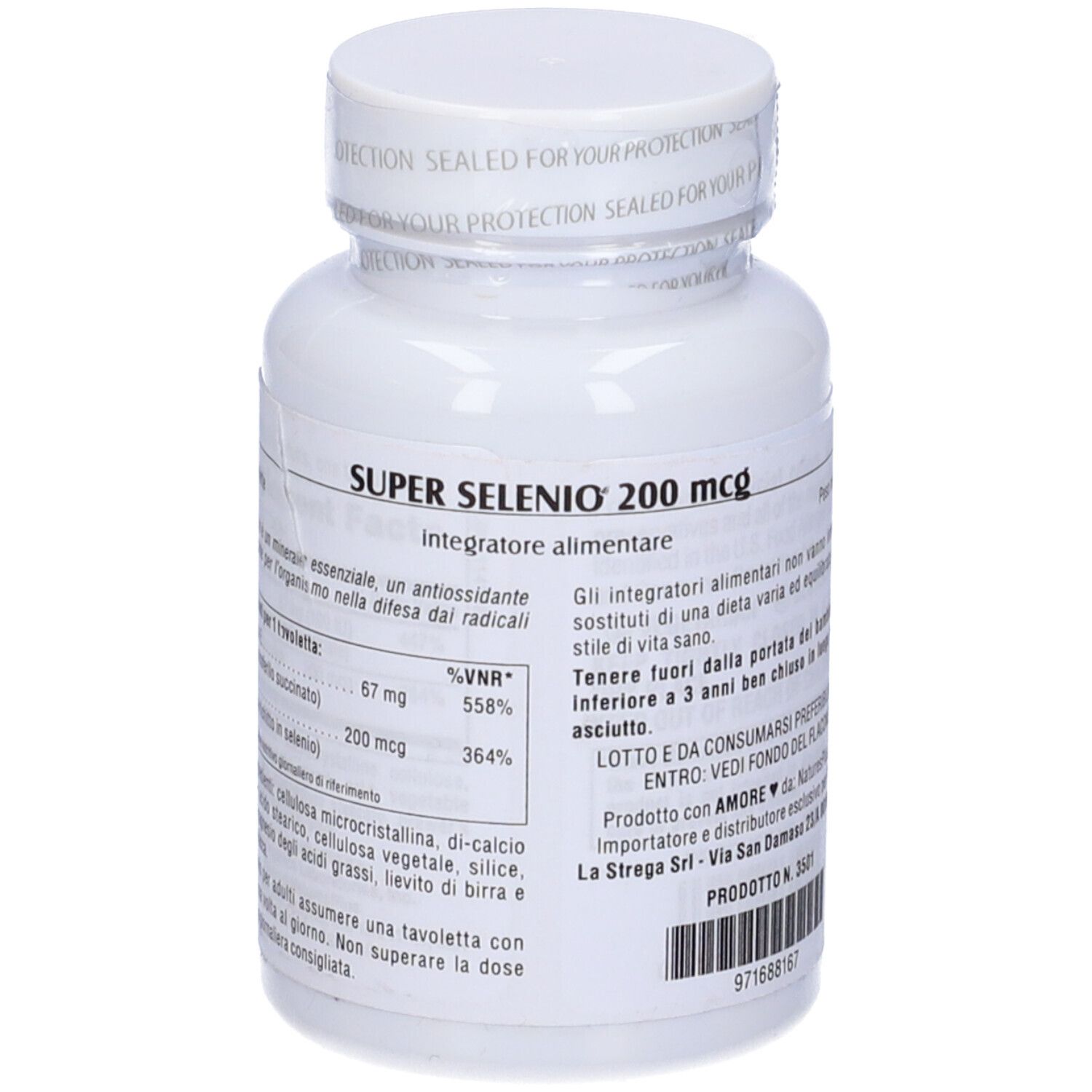 Flacone bianco con tappo bianco. Scritta: Super Selenio 200 mcg, 90 compresse. Marchio: Natures Plus. Testo.