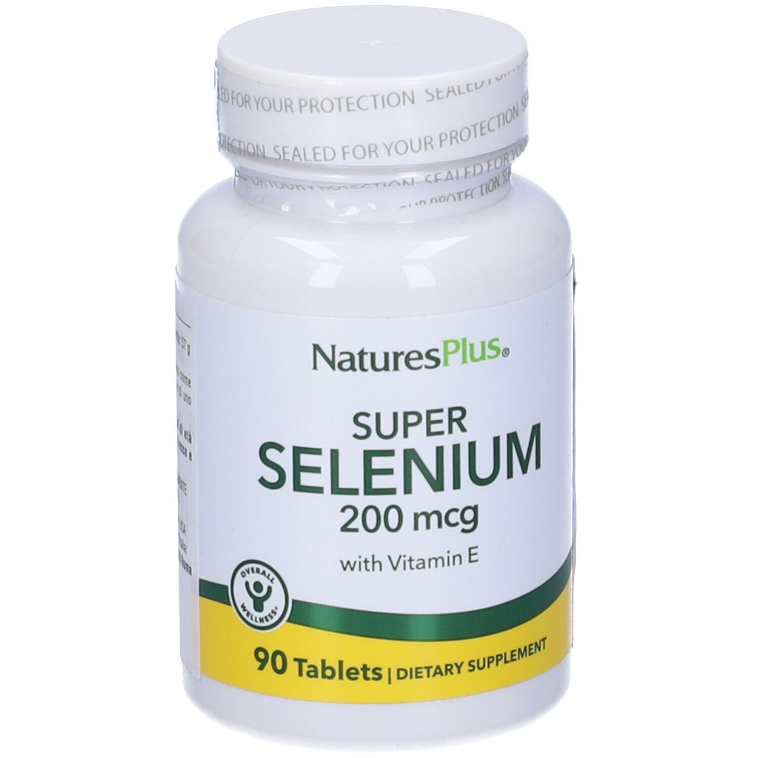 Flacone bianco con tappo bianco. Scritta: Super Selenio 200 mcg con Vitamina E, 90 compresse. Marchio: Natures Plus.