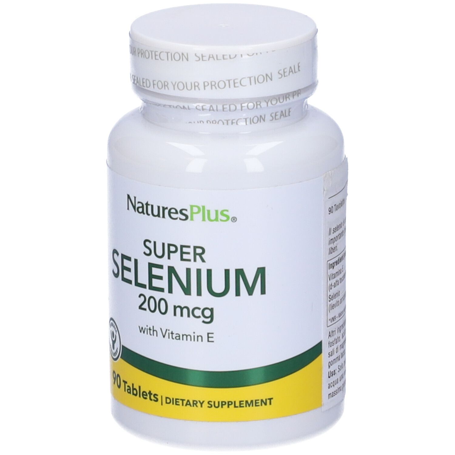 Flacone bianco con tappo bianco. Scritta: Super Selenio 200 mcg con Vitamina E, 90 compresse. Marchio: Natures Plus.
