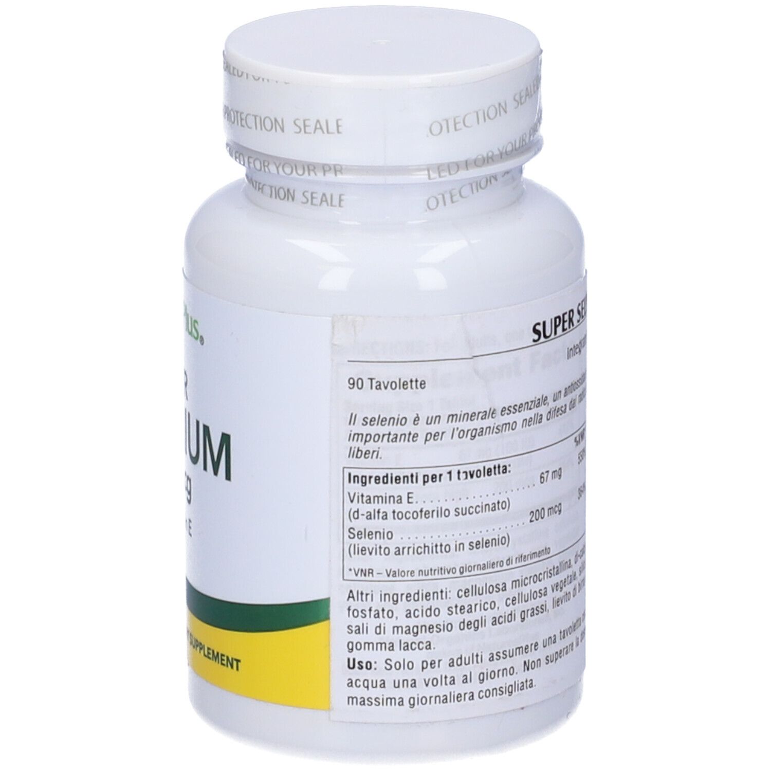 Flacone bianco con tappo bianco. Scritta: Super Selenio 200 mcg con Vitamina E, 90 compresse. Marchio: Natures Plus. Testo.