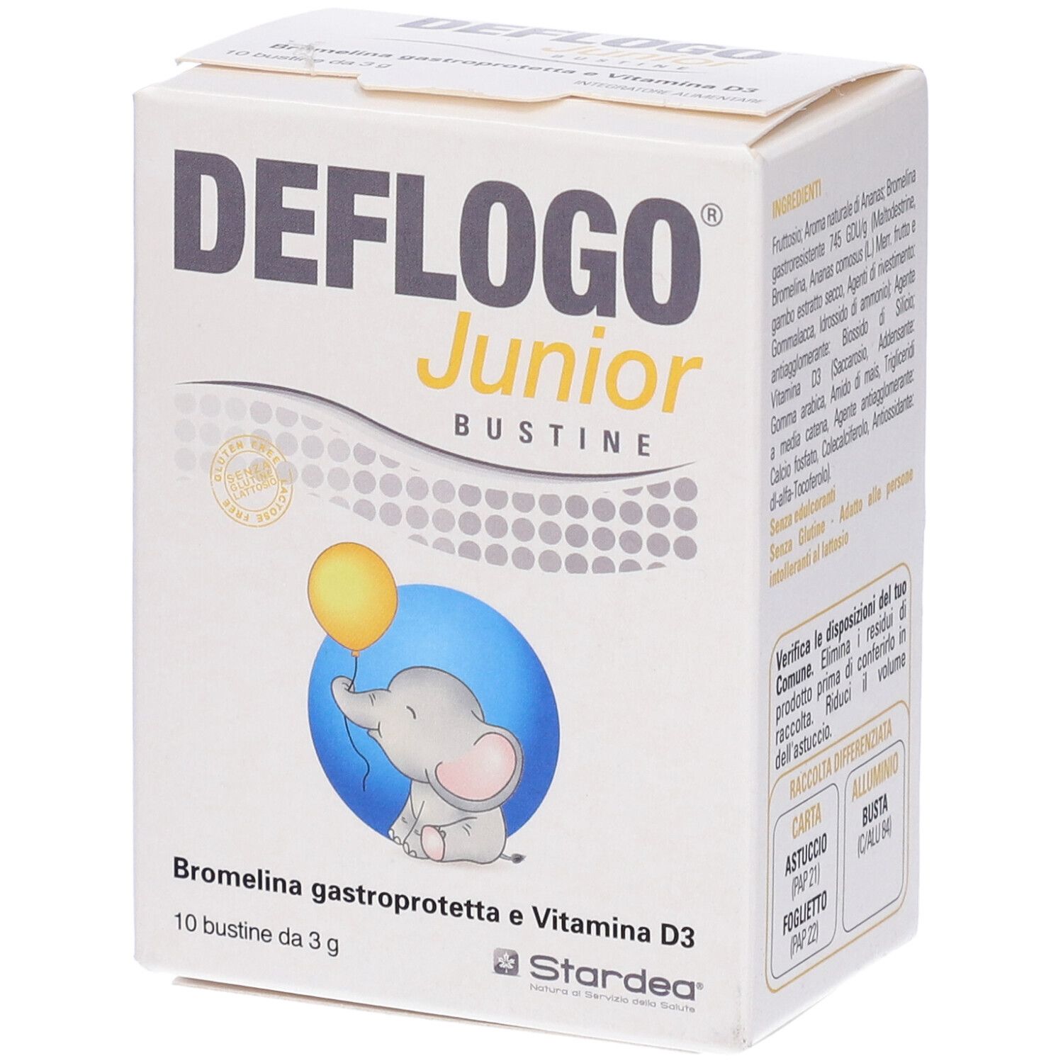 Scatola bianca con logo "DEFLOGO Junior". Illustrazione di elefante con palloncino. Testo: "10 bustine da 3 g".