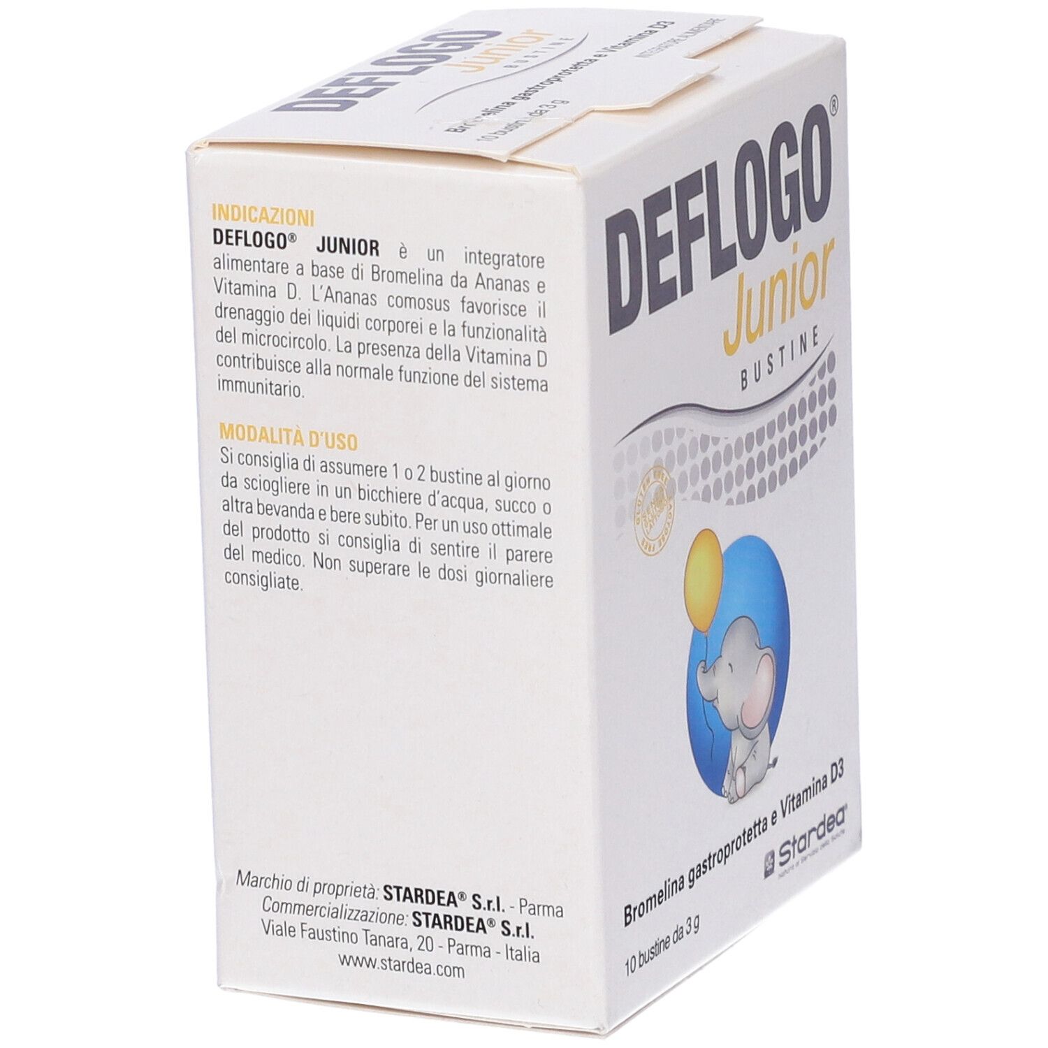 Scatola bianca con logo "DEFLOGO Junior". Testo: "10 bustine da 3 g". Informazioni prodotto in italiano.