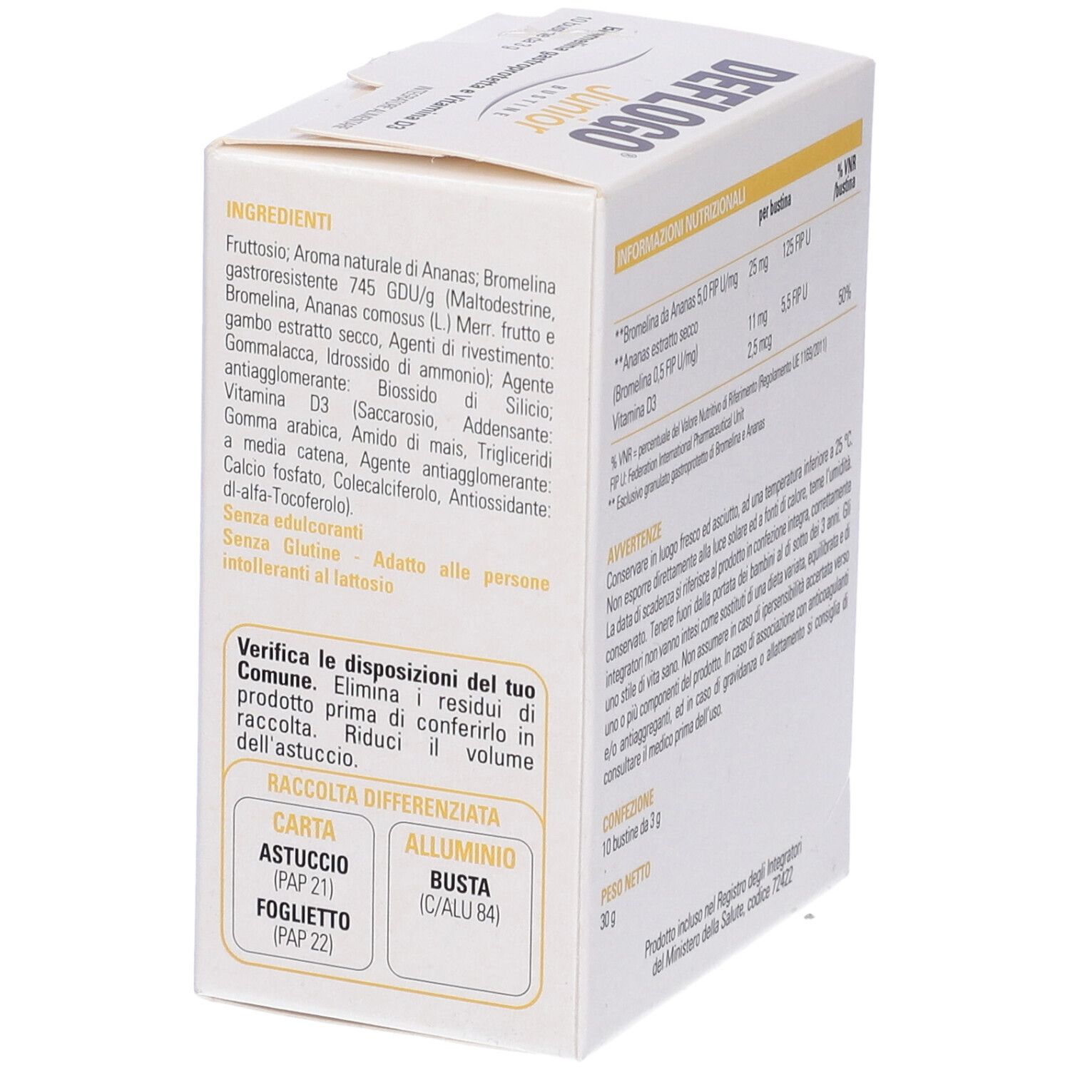 Scatola bianca con logo "DEFLOGO Junior". Elenco ingredienti in italiano. Testo: "10 bustine da 3 g".