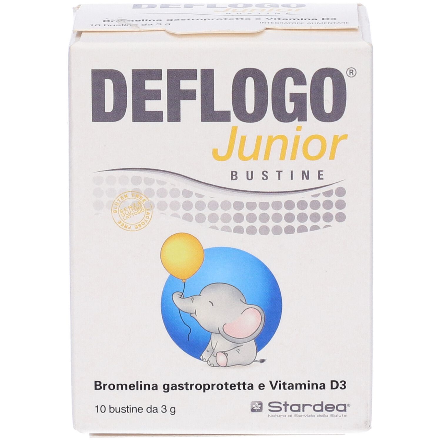 Scatola bianca con logo "DEFLOGO Junior". Illustrazione di elefante con palloncino. Testo: "10 bustine da 3 g".