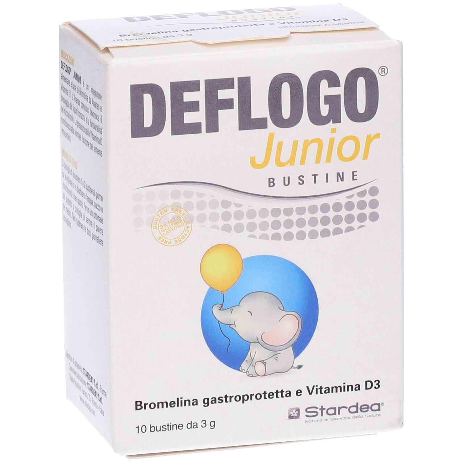 Scatola bianca con logo "DEFLOGO Junior". Illustrazione di elefante con palloncino. Testo: "10 bustine da 3 g".