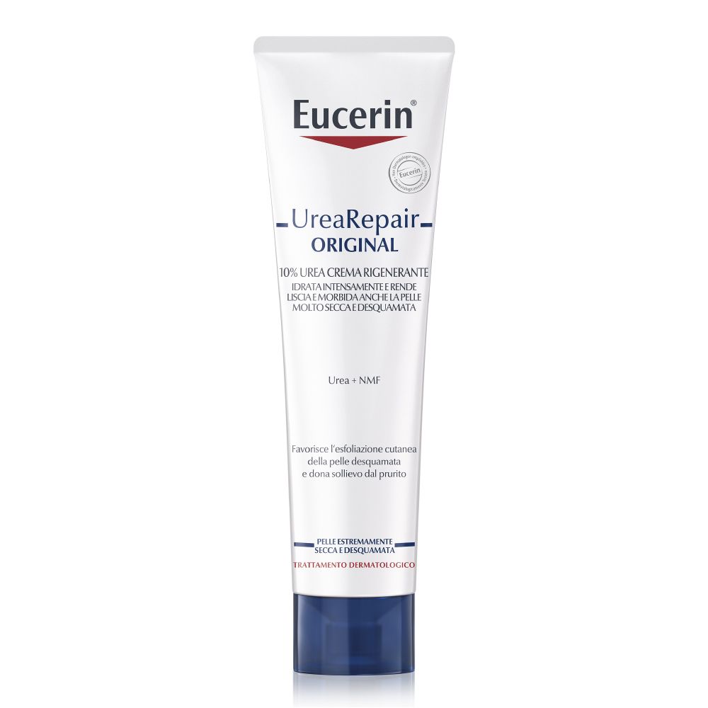 Tubo bianco con tappo blu. Scritta: Eucerin, UreaRepair Original, 10% Urea Crema. Nome del prodotto e marchio visibili.