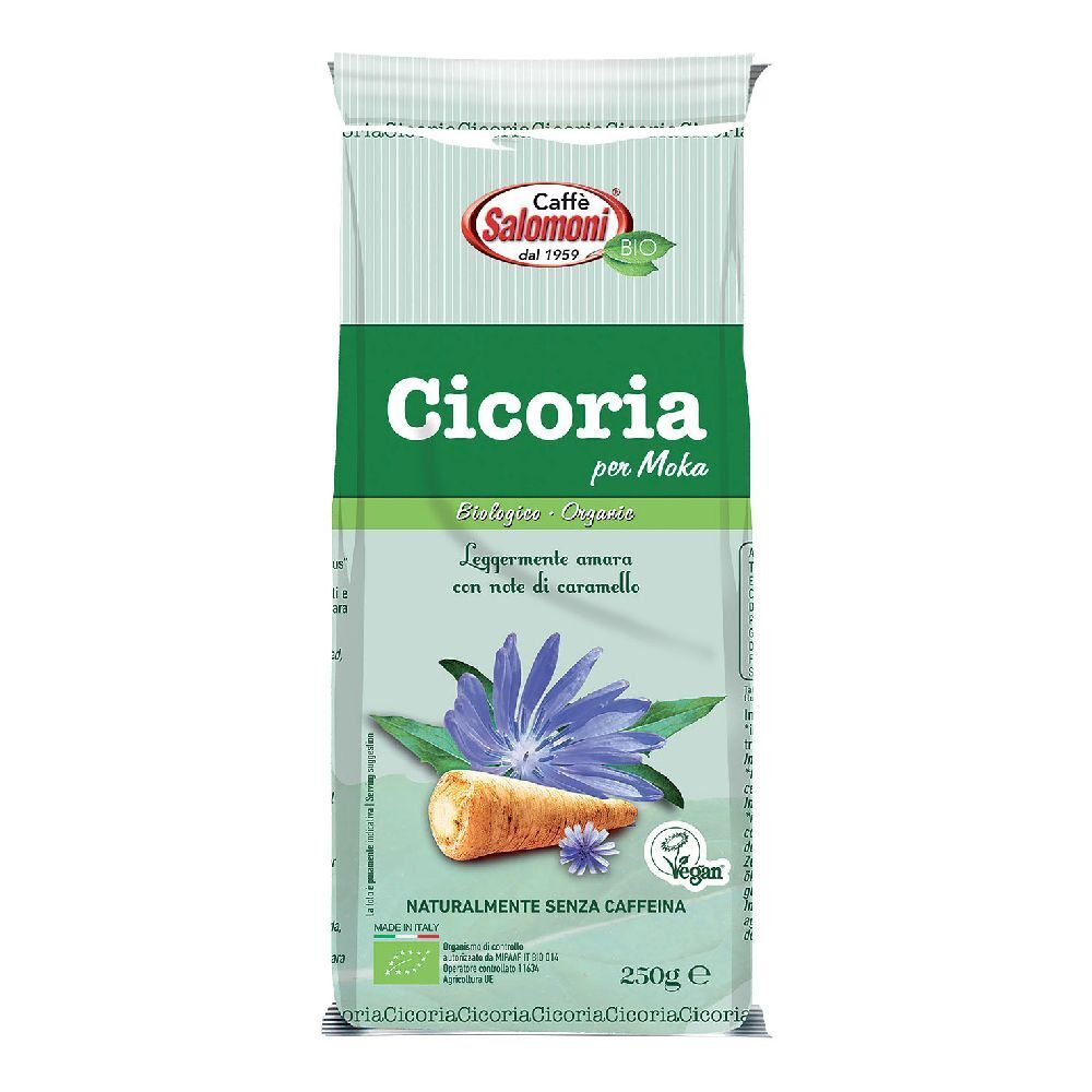 Confezione di cicoria tostata per moka. Design verde e bianco con illustrazione e testo. Sigillo vegano.