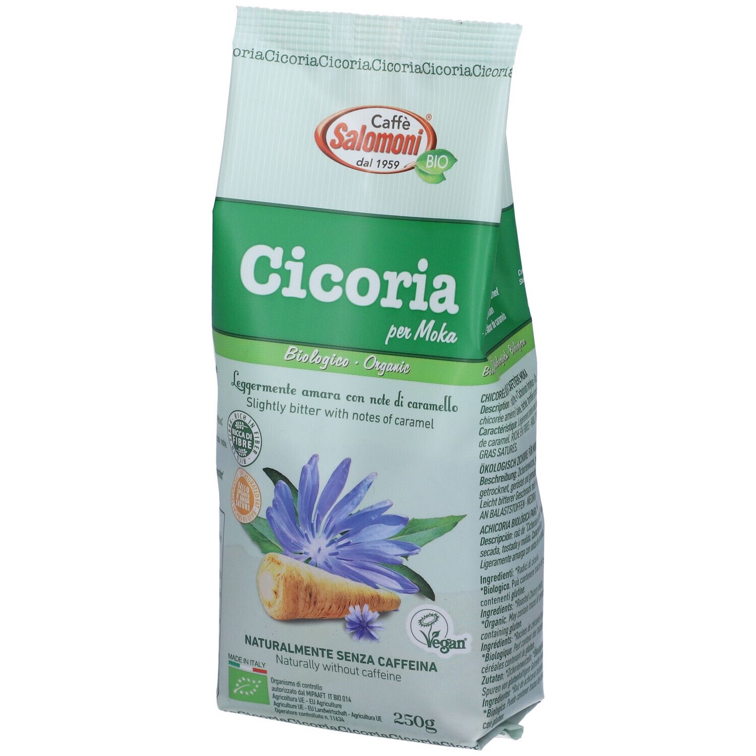Confezione di cicoria tostata per moka. Design verde e bianco con illustrazione e testo. Sigillo vegano.