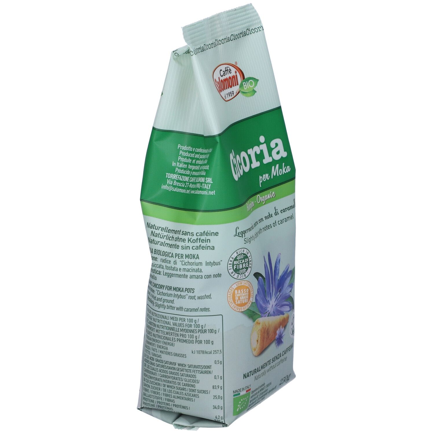 Confezione di cicoria tostata per moka. Design verde e bianco con illustrazione e testo. Sigillo vegano.