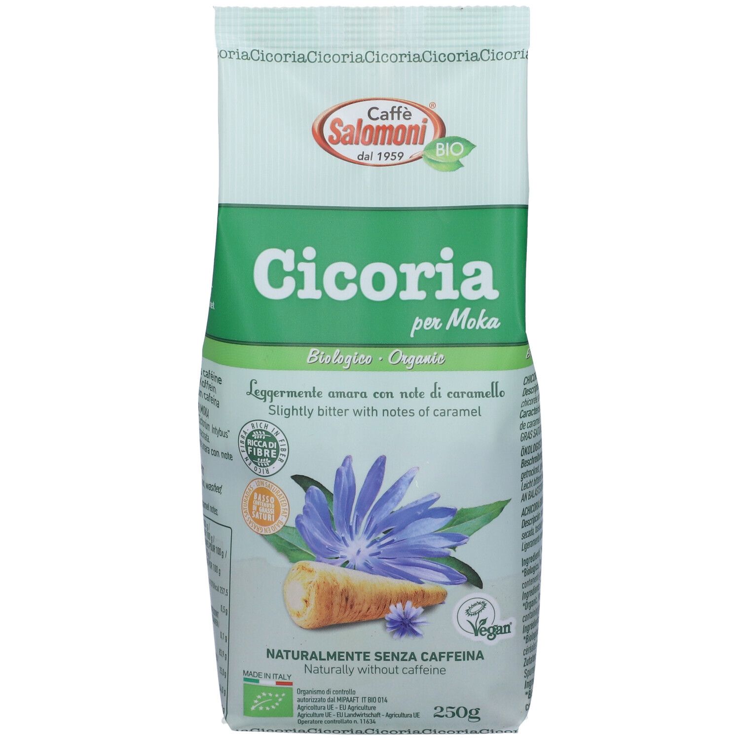 Confezione di cicoria tostata per moka. Design verde e bianco con illustrazione e testo. Sigillo vegano.