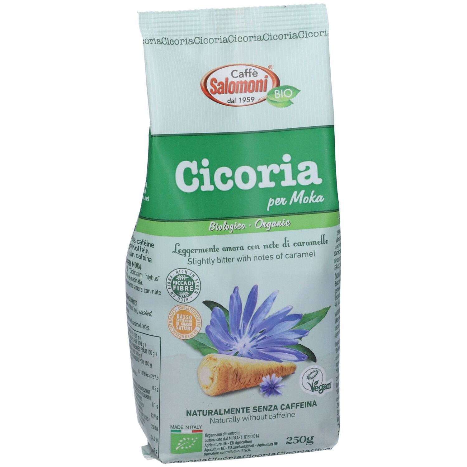 Confezione di cicoria tostata per moka. Design verde e bianco con illustrazione e testo. Sigillo vegano.
