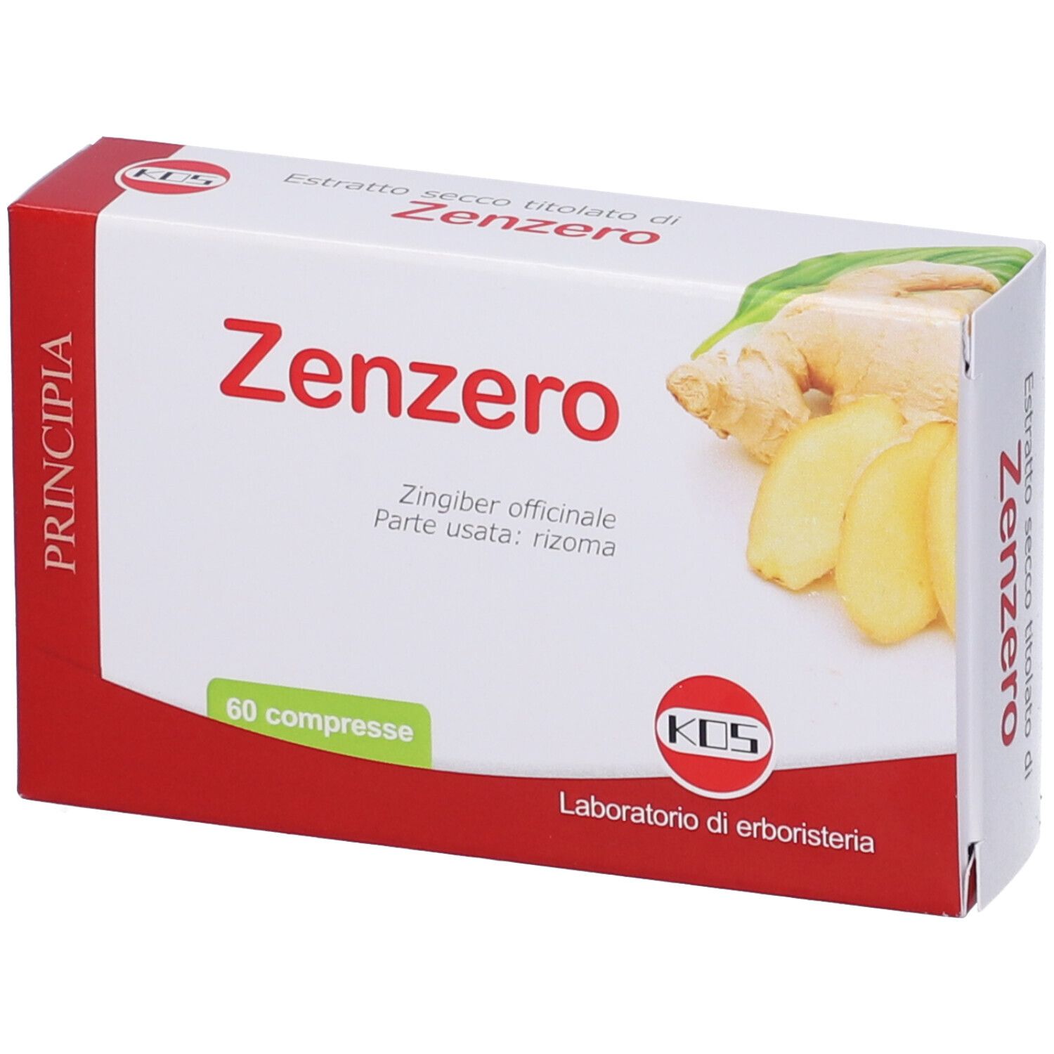 Scatola di compresse "Zenzero". Confezione rossa e bianca con testo e illustrazione di zenzero. 60 compresse.