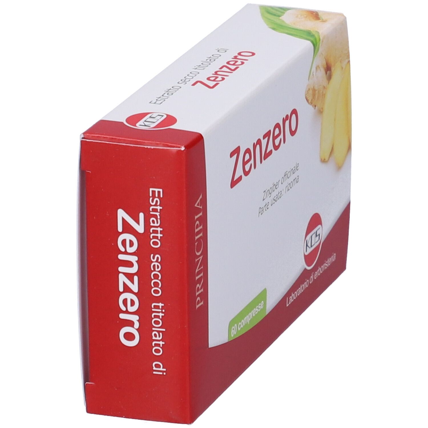 Scatola di compresse "Zenzero", in diagonale. Confezione rossa e bianca con testo e zenzero. Logo KOS.