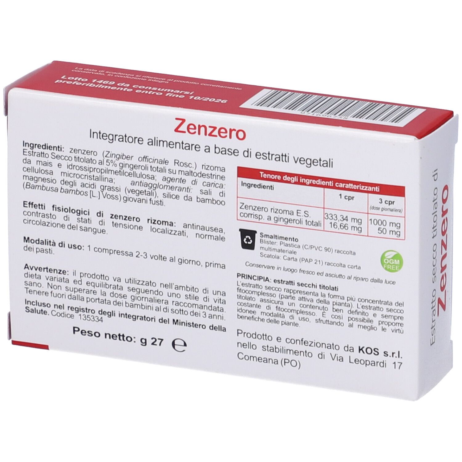 Retro della scatola di compresse "Zenzero". Testo con ingredienti, dosaggio e informazioni del produttore. Logo KOS.
