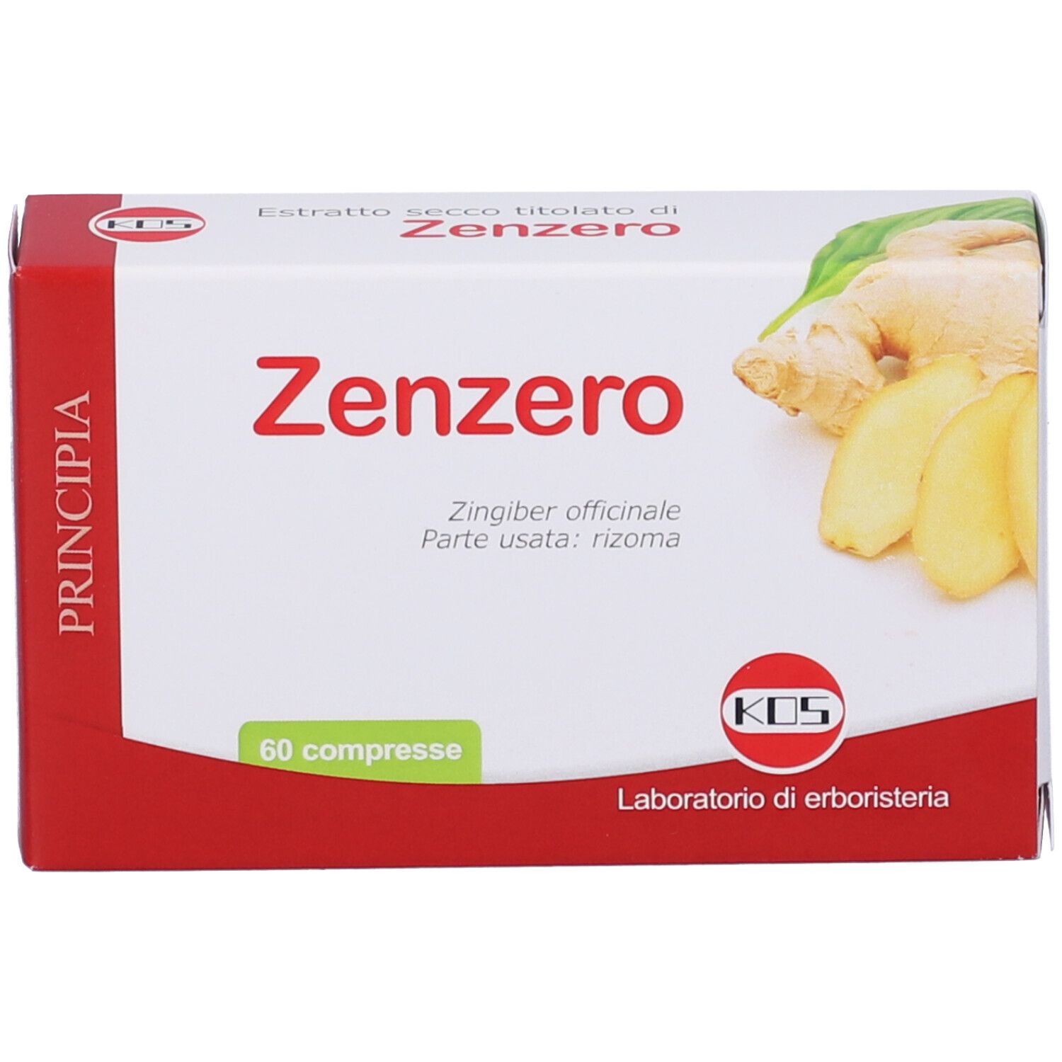 Scatola di compresse "Zenzero". Confezione rossa e bianca con testo e illustrazione di zenzero. 60 compresse.