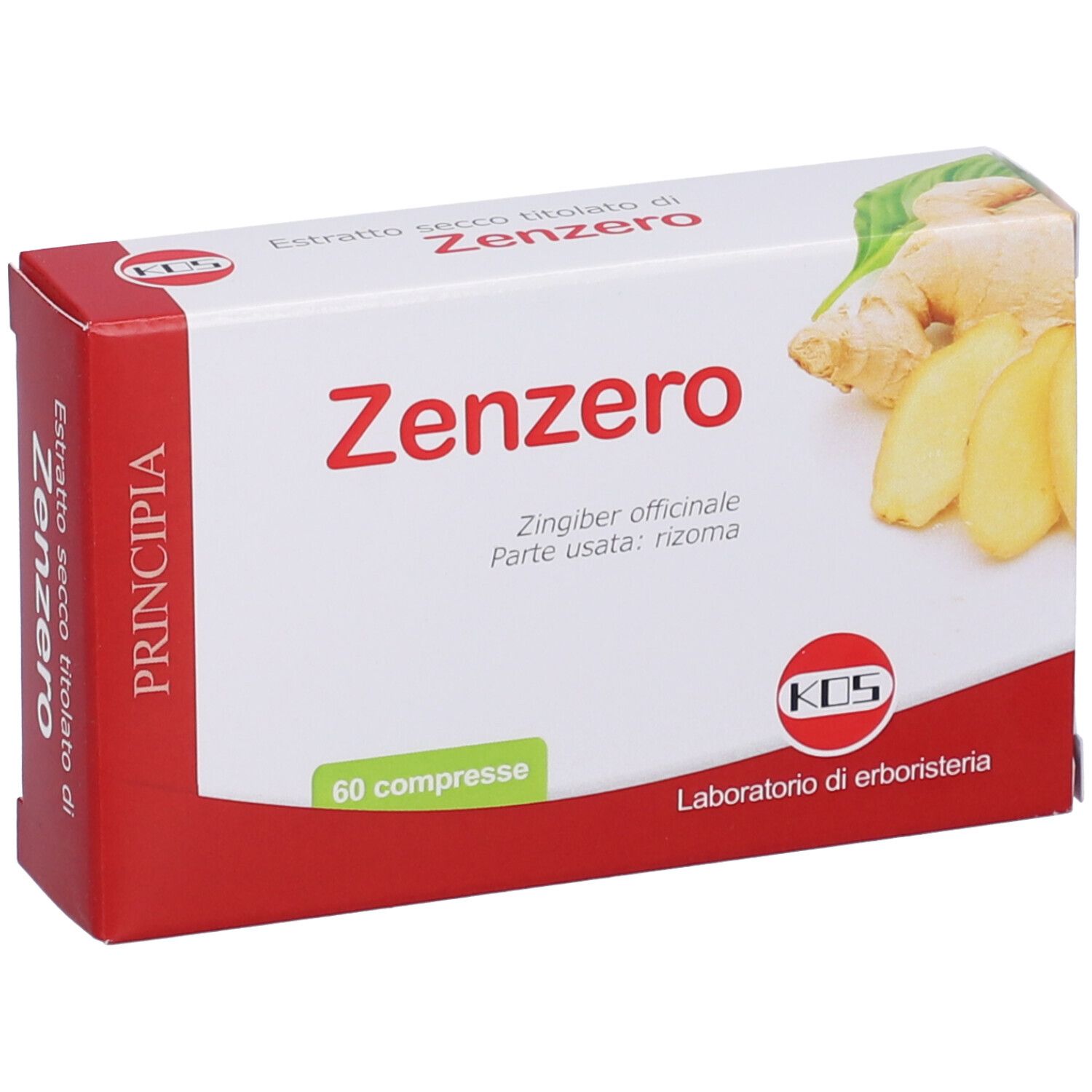 Scatola di compresse "Zenzero". Confezione rossa e bianca con testo e illustrazione di zenzero. 60 compresse.