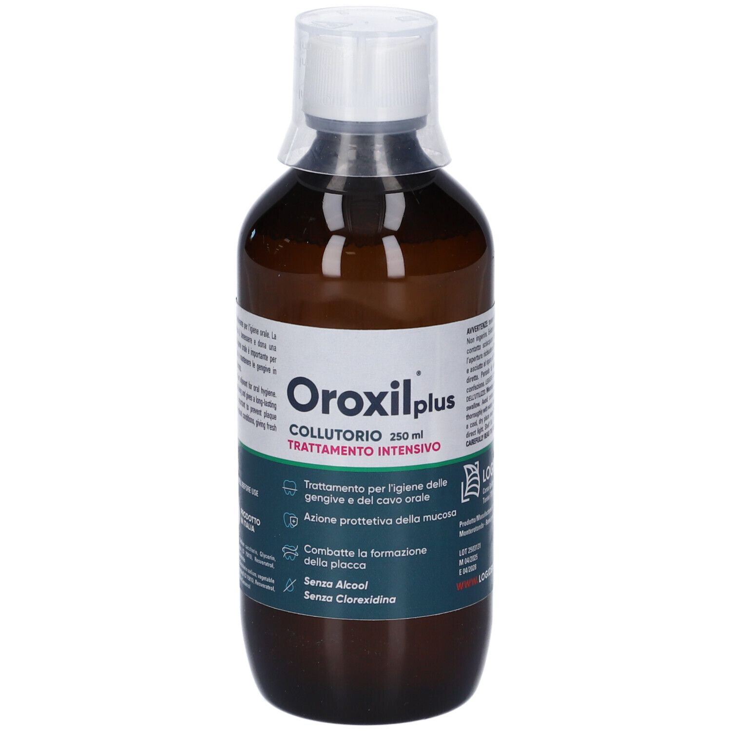 Braune Glasflasche mit Oroxilplus Mundwasser, 250 ml. Intensive Behandlung.