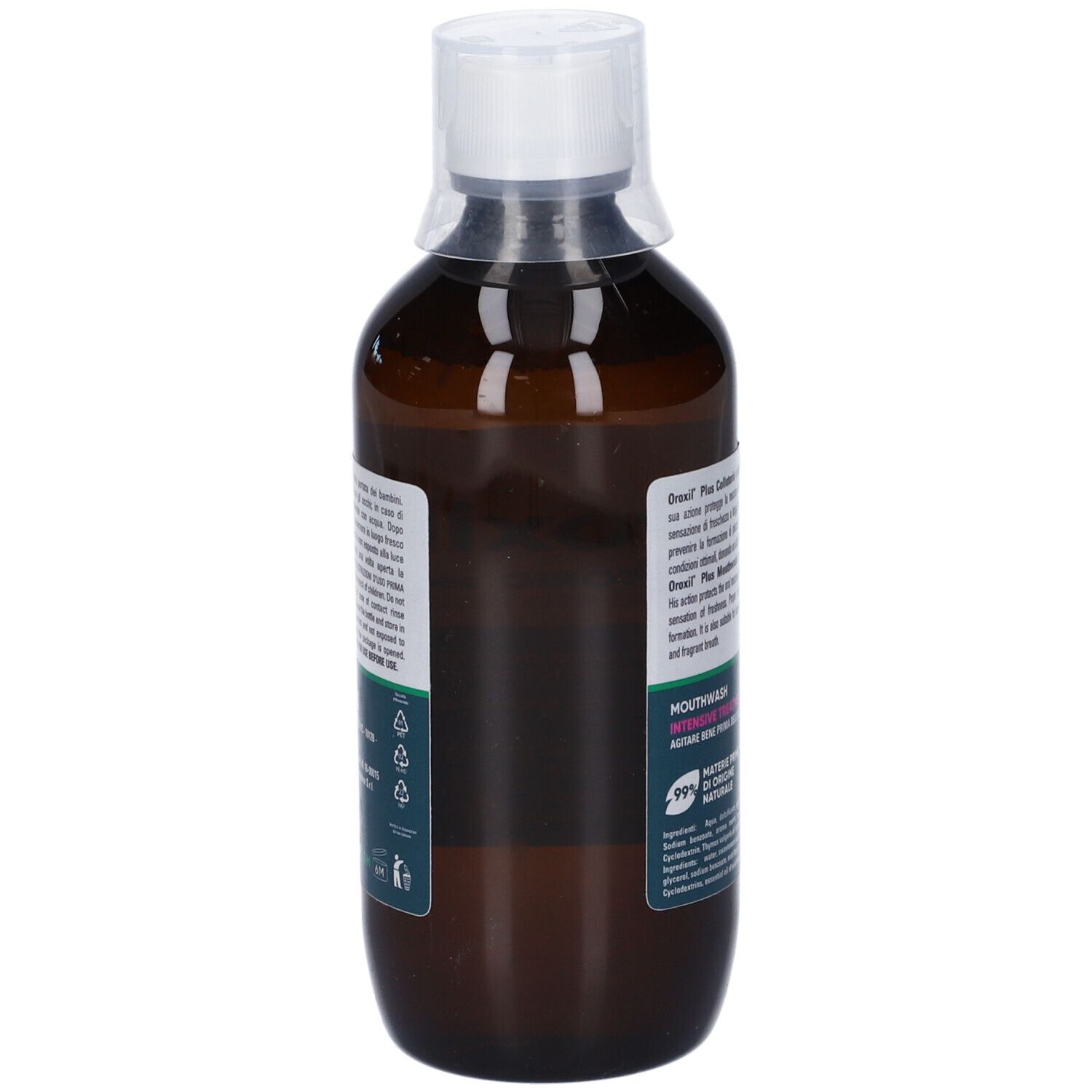 Braune Glasflasche mit weißem Schraubverschluss, gefüllt mit Mundwasser. Etiketten mit Produktinformationen.