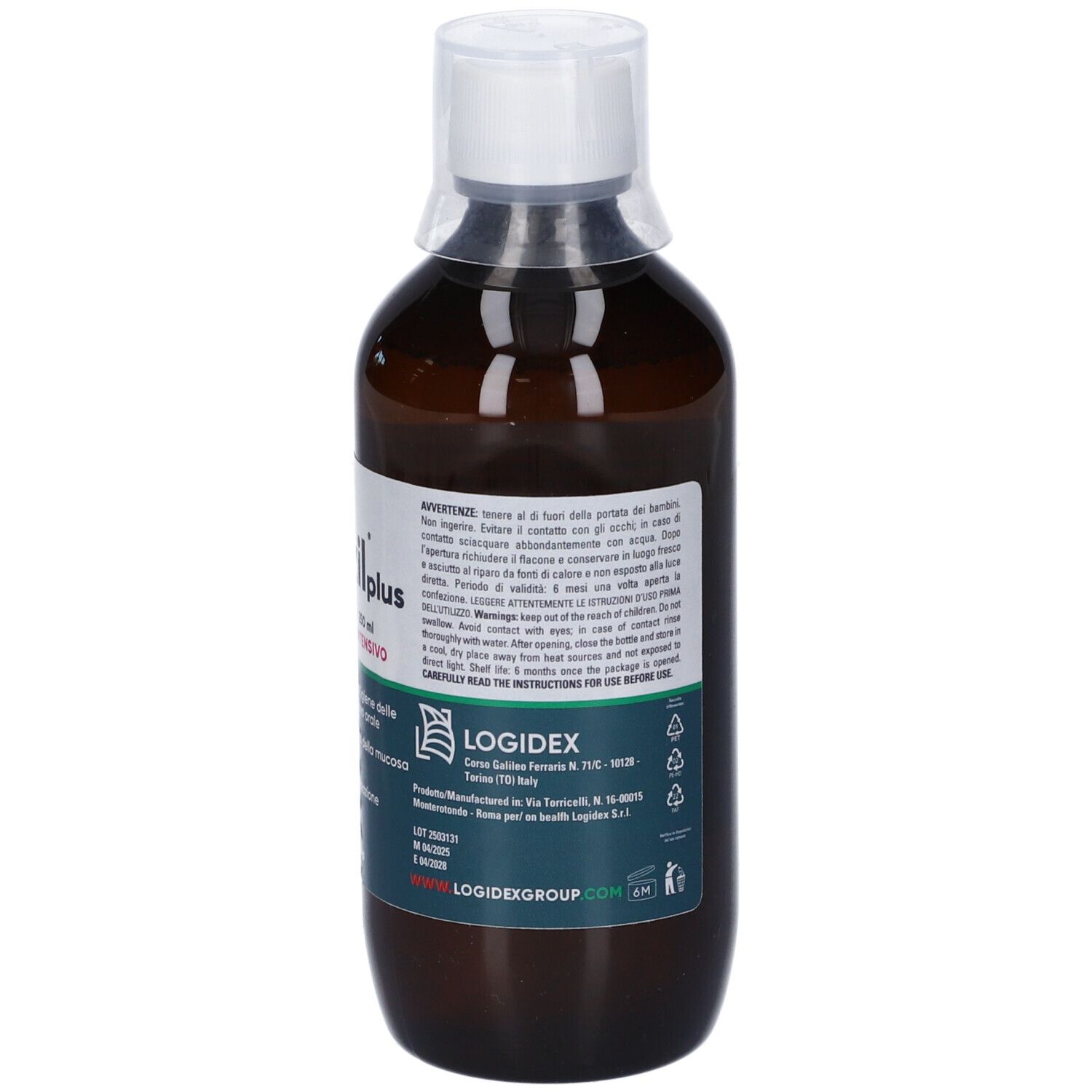 Braune Glasflasche mit weißem Schraubverschluss, Etikett mit Produktinformationen und Logo.