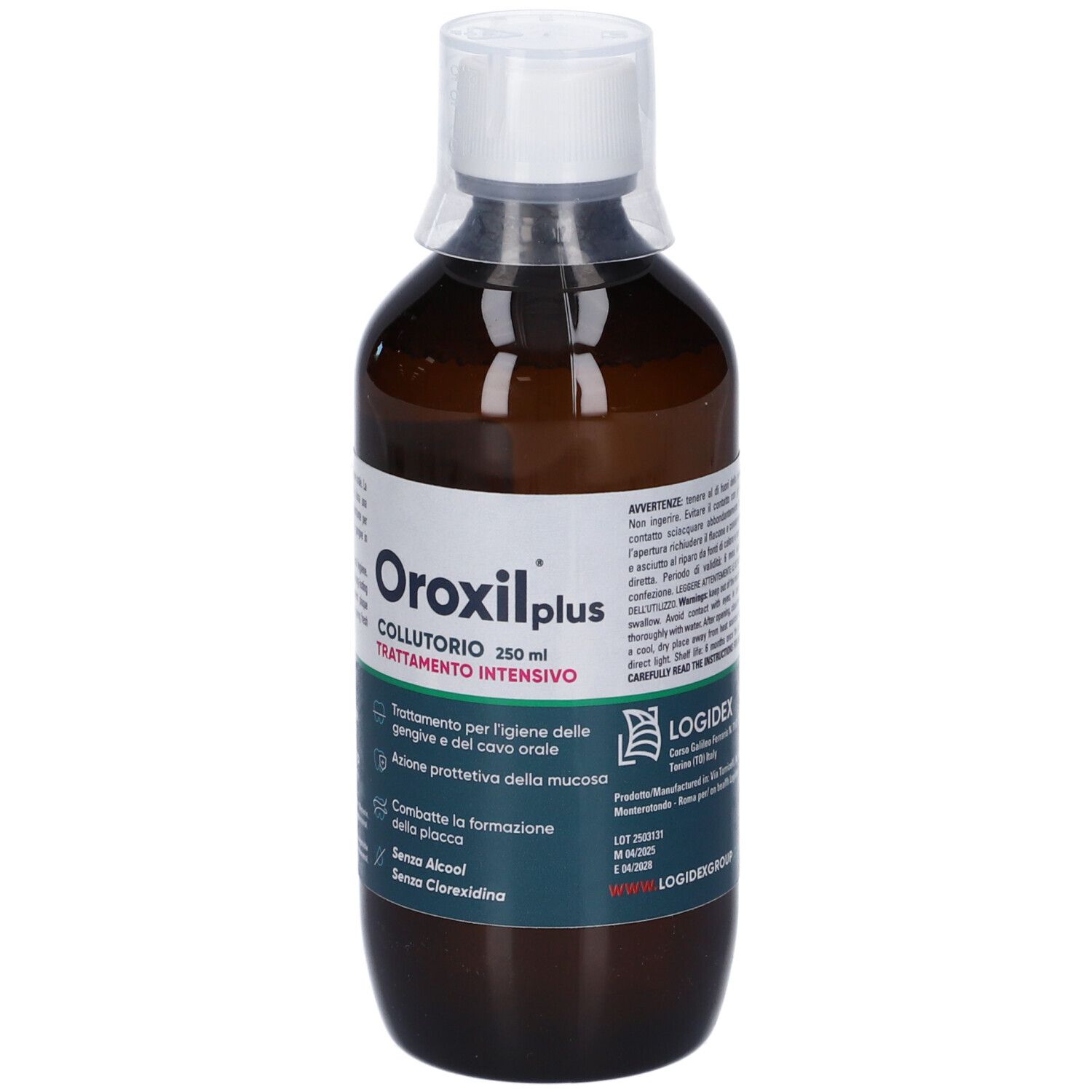 Braune Glasflasche mit weißem Schraubverschluss, enthält 250 ml Oroxilplus Mundwasser.