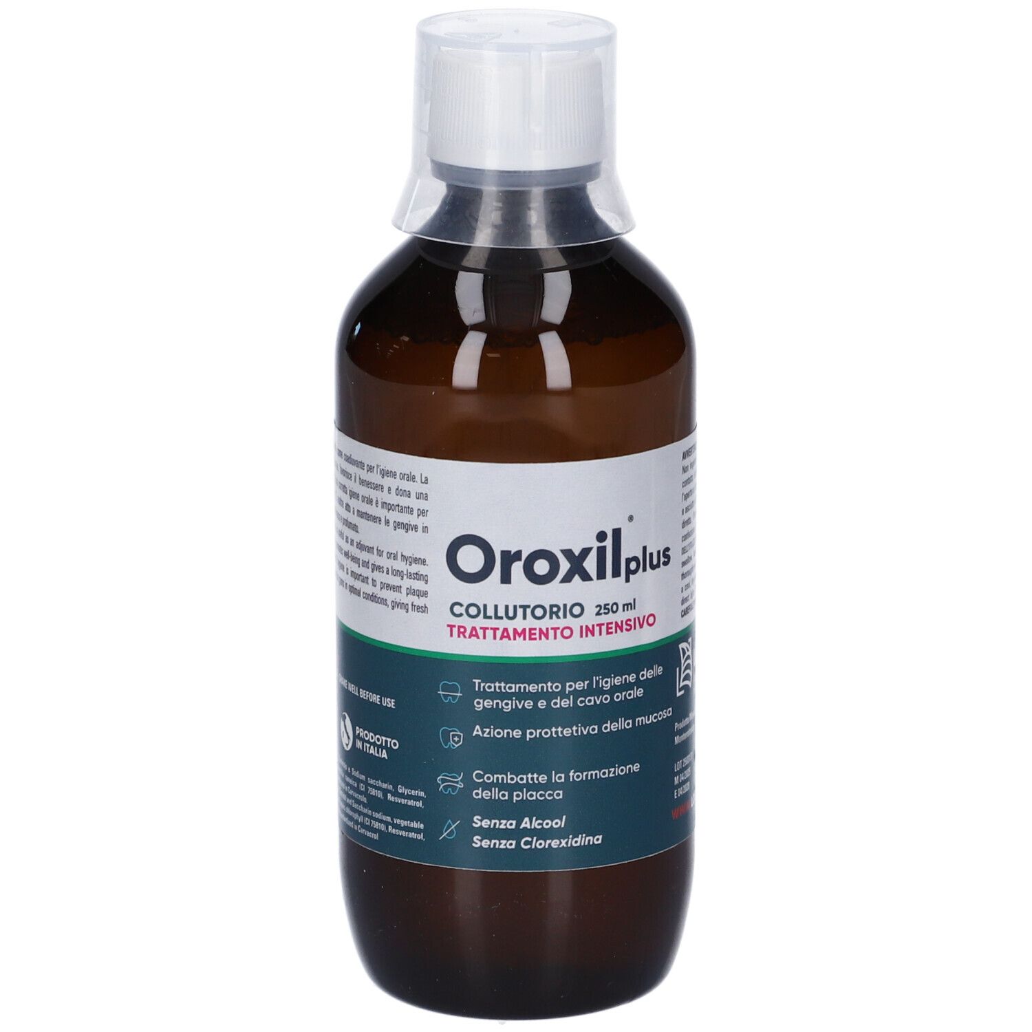 Braune Glasflasche mit weißem Verschluss, gefüllt mit Oroxilplus Mundwasser, 250 ml.