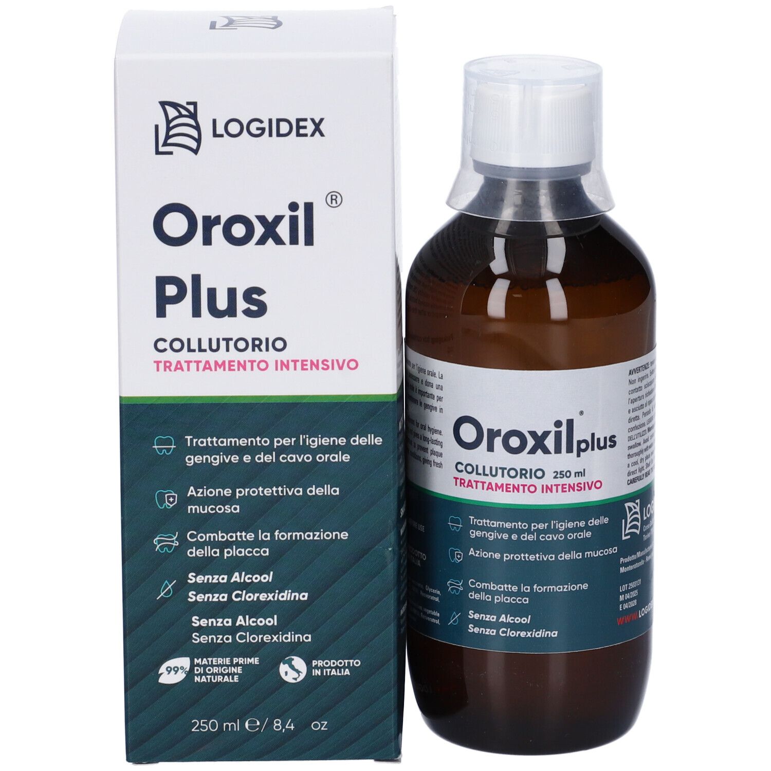 Oroxil Plus Mundwasser in brauner Glasflasche mit weißem Verschluss, daneben die Verpackung. 250 ml.