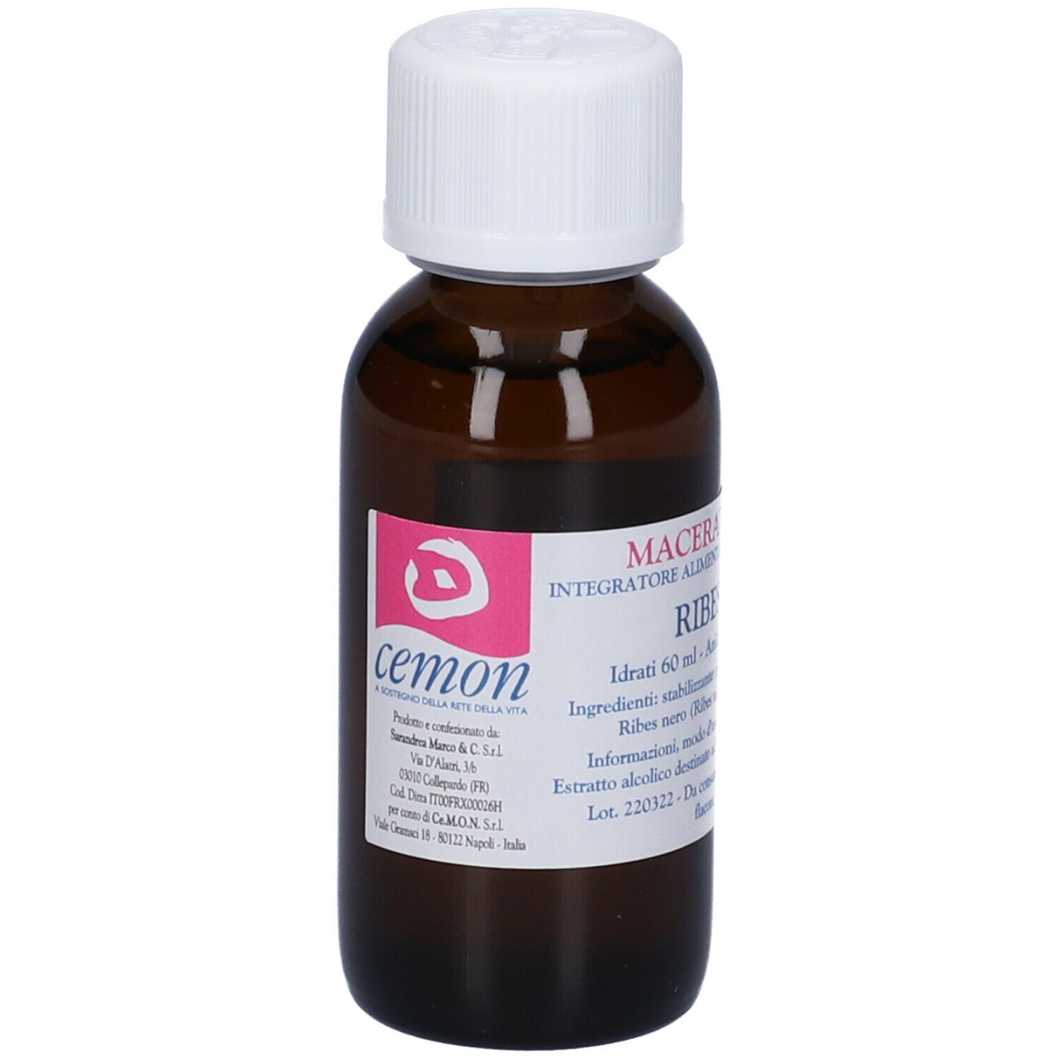 Flacone di vetro marrone con tappo bianco. Etichetta con informazioni sul prodotto. Logo rosa. Testo: Macerato Glicerico, Ribes Nigrum.