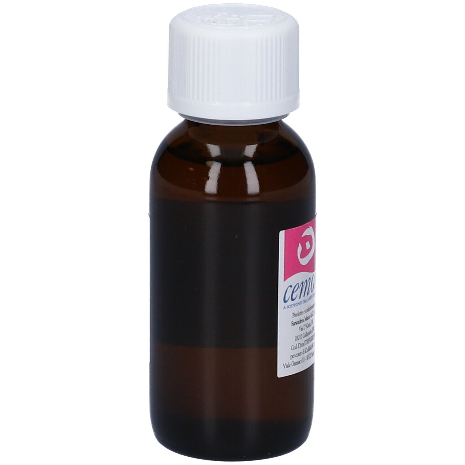 Flacone di vetro marrone con tappo bianco. Etichetta con informazioni sul prodotto. Logo rosa. Testo: Macerato Glicerico, Ribes Nigrum.