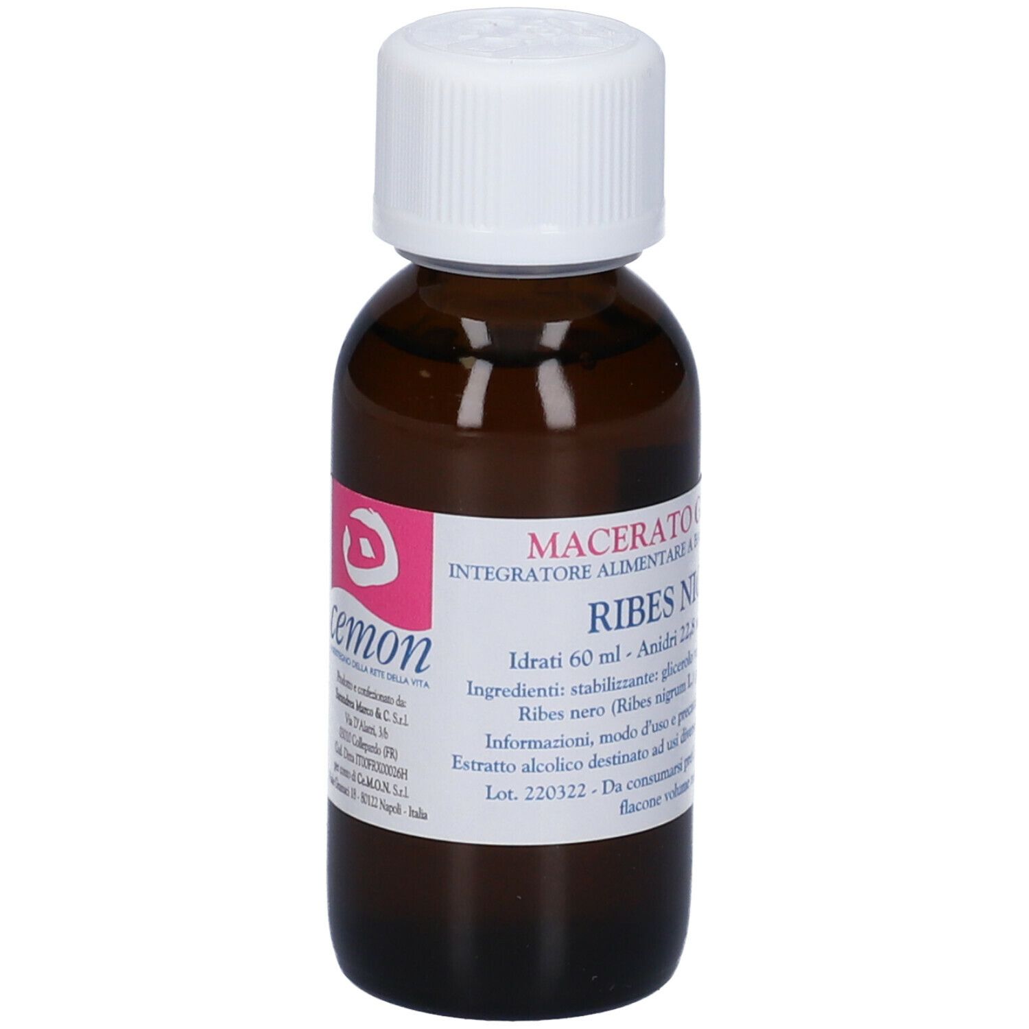 Flacone di vetro marrone con tappo bianco. Etichetta con informazioni sul prodotto. Logo rosa. Testo: Macerato Glicerico, Ribes Nigrum.