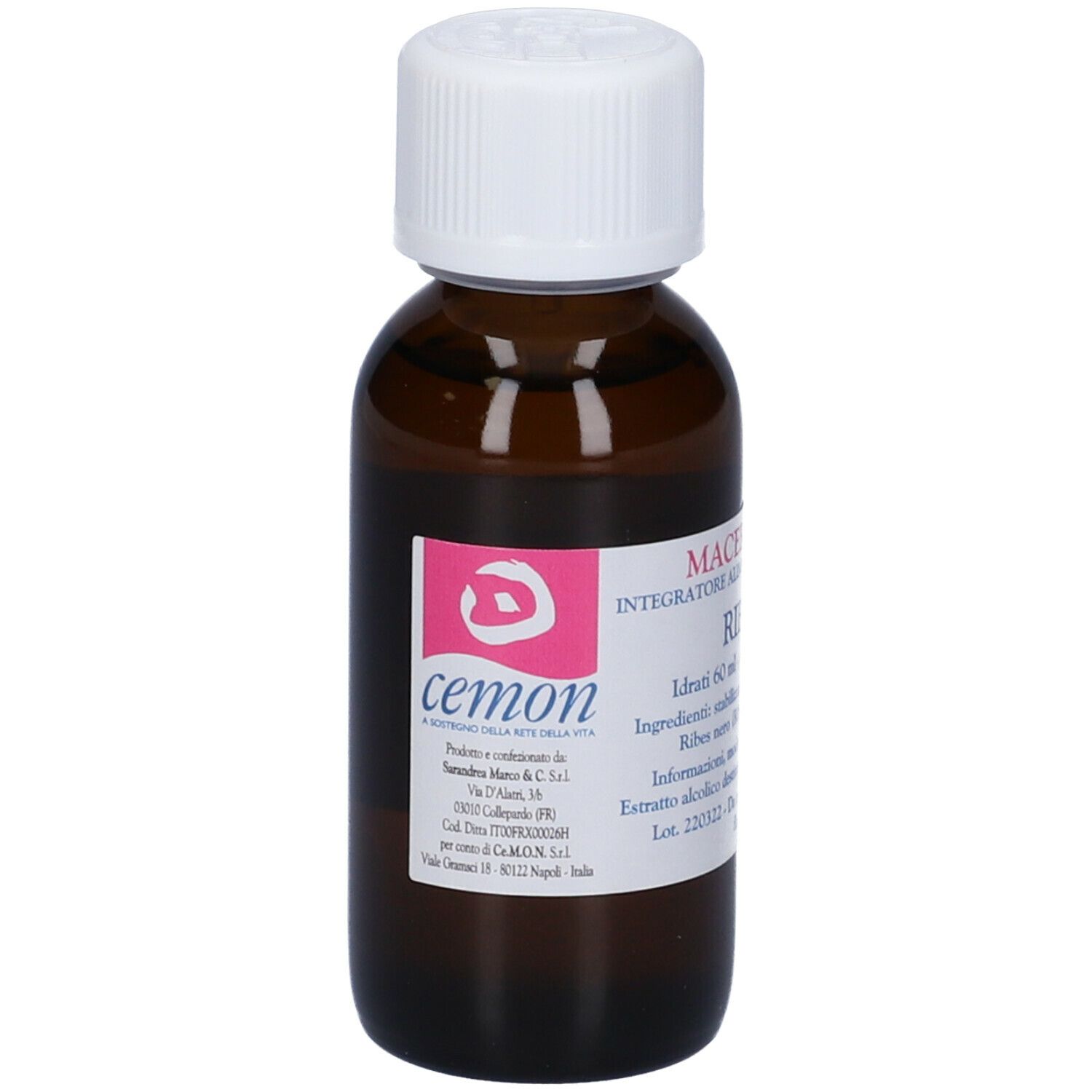 Flacone di vetro marrone con tappo bianco. Etichetta con informazioni sul prodotto. Logo rosa. Testo: Macerato Glicerico, Ribes Nigrum.