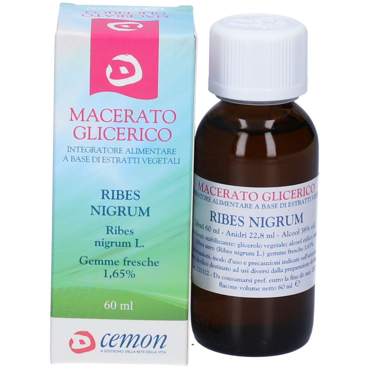 Confezione e flacone. Flacone di vetro marrone con tappo bianco. Scatola bianca. Testo: Macerato Glicerico, Ribes Nigrum.
