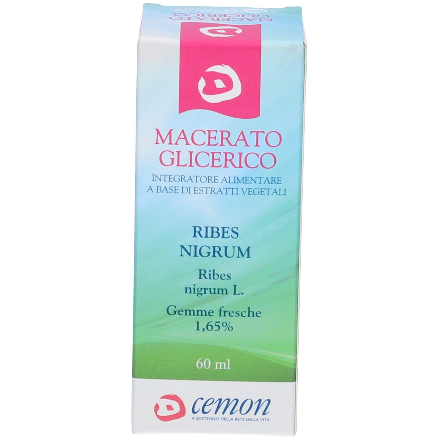Scatola bianca con informazioni sul prodotto. Logo rosa. Testo: Macerato Glicerico, Ribes Nigrum, Gemme fresche, 60 ml.