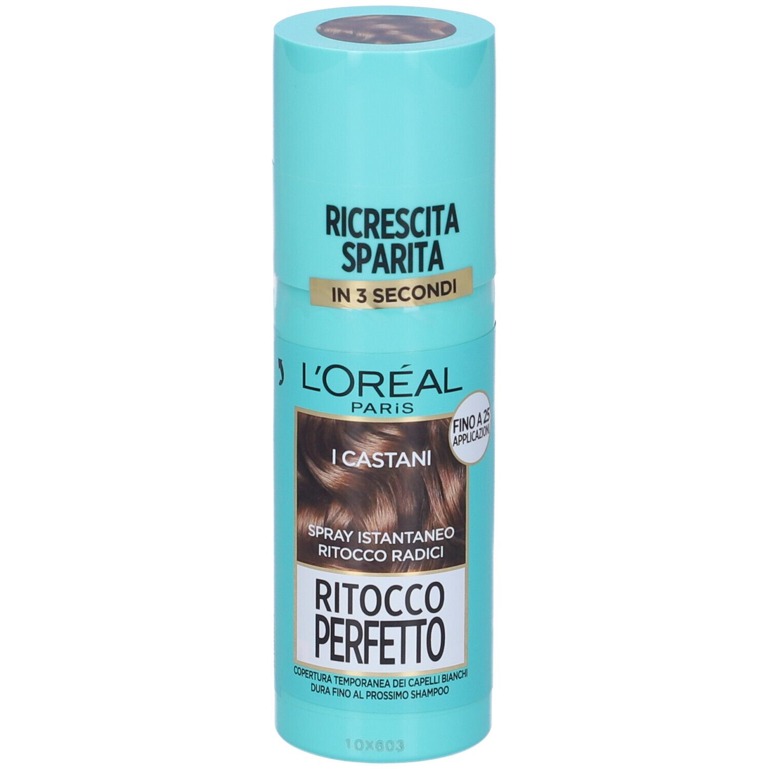 Spray L'Oréal Paris Ritocco Perfetto. Flacone turchese con indicazione castano. Testo: Ricrescita Sparita, I Castani.