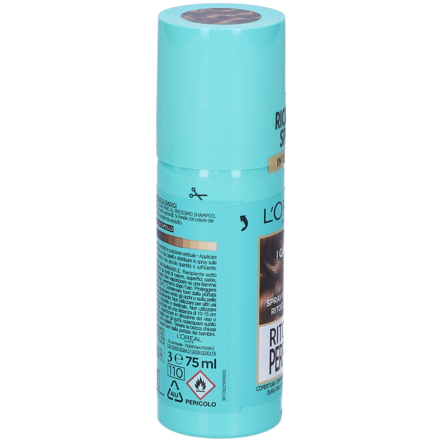 Spray L'Oréal Paris Ritocco Perfetto. Flacone turchese. Retro con testo ed esempi di colore. 75 ml.